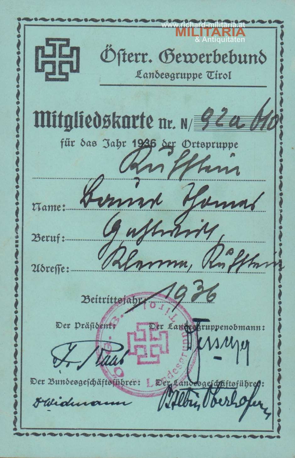Bundesstaat - Mitgliedskarte österr. Gewerbebund Tirol 1936