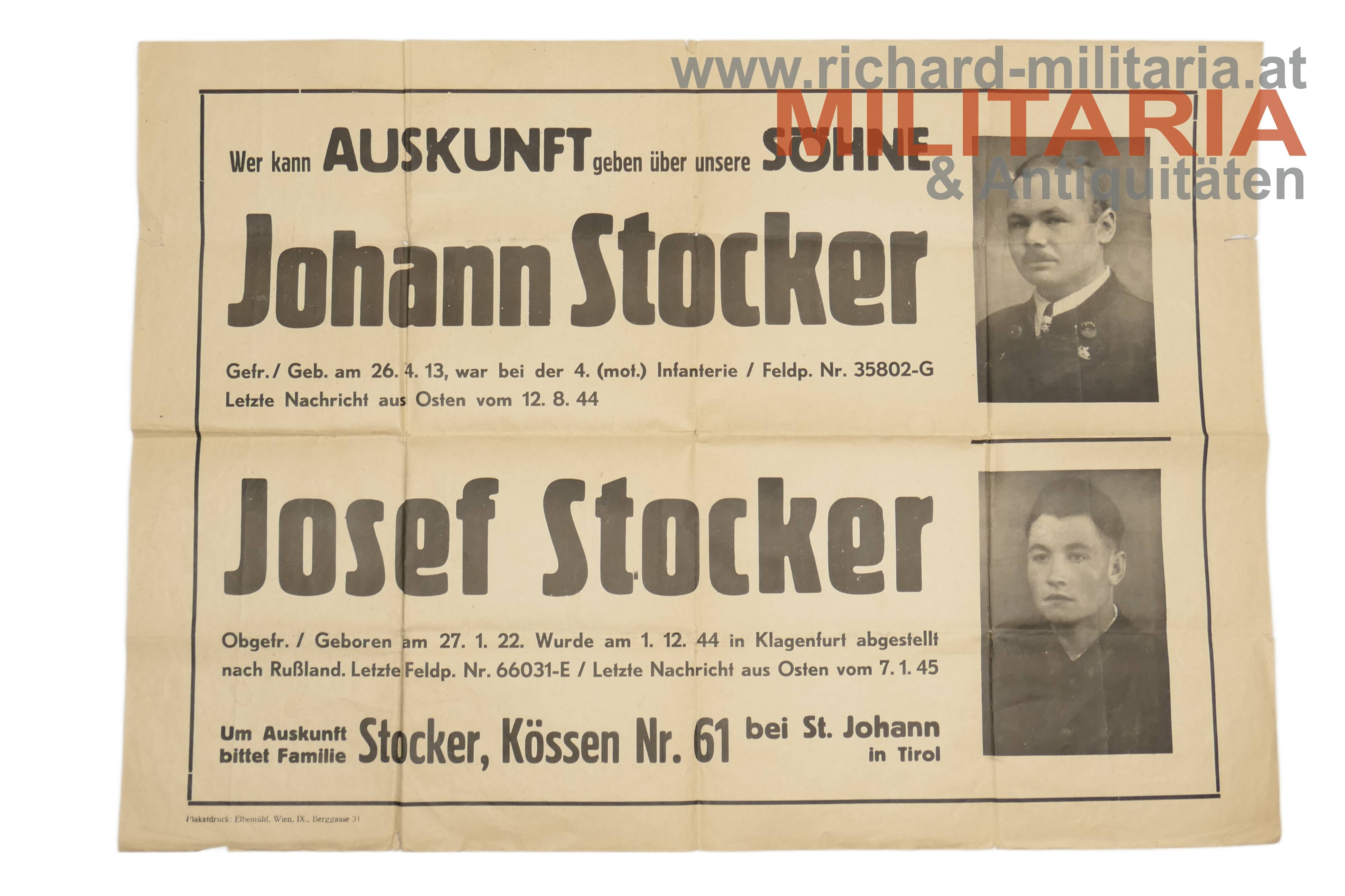 2. Weltkrieg - Vermissten-Plakat - Familie Stocker St. Johann/Tirol