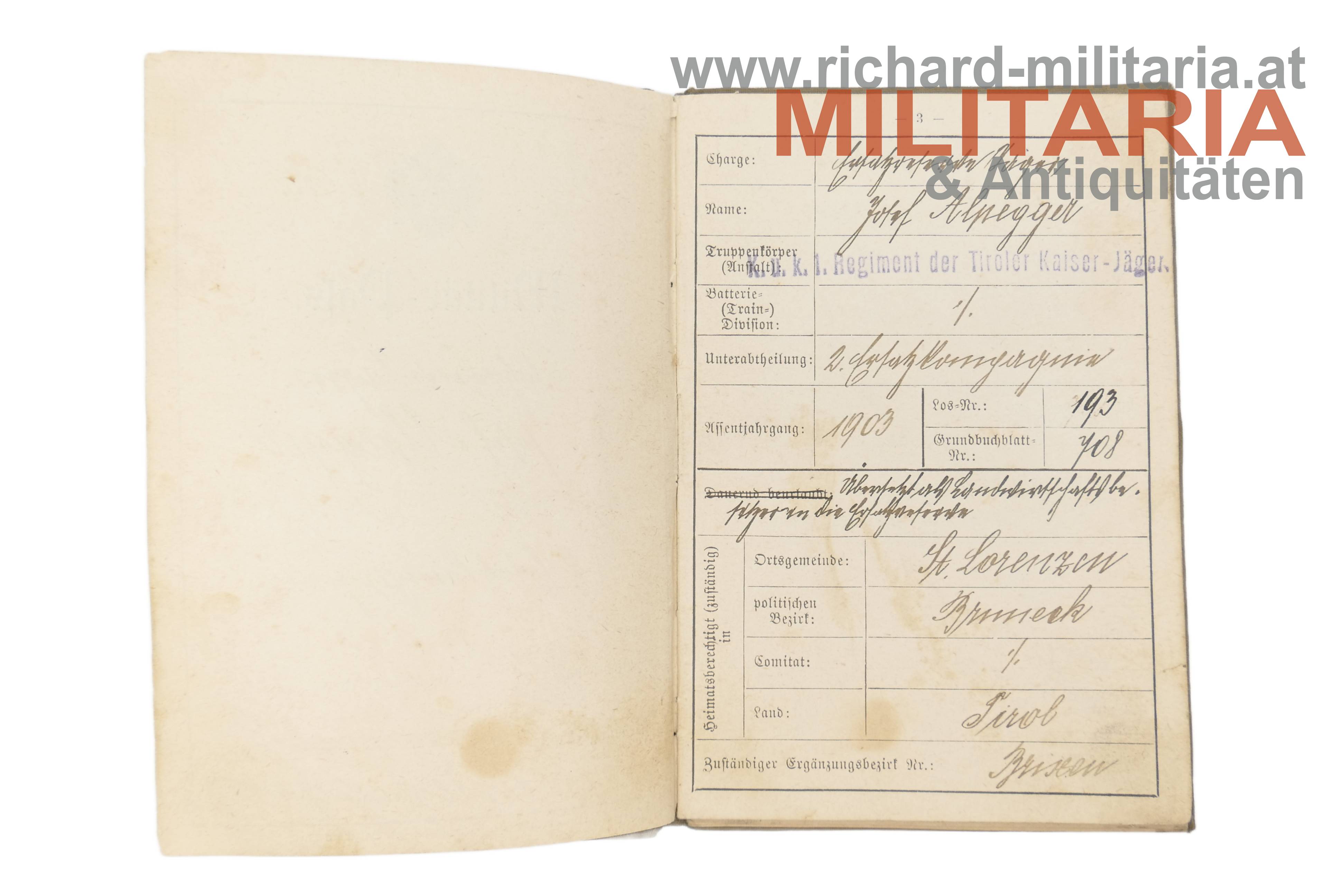k.u.k. Militär-Pass - Tiroler Kaiserjäger Reg. Nr. 1