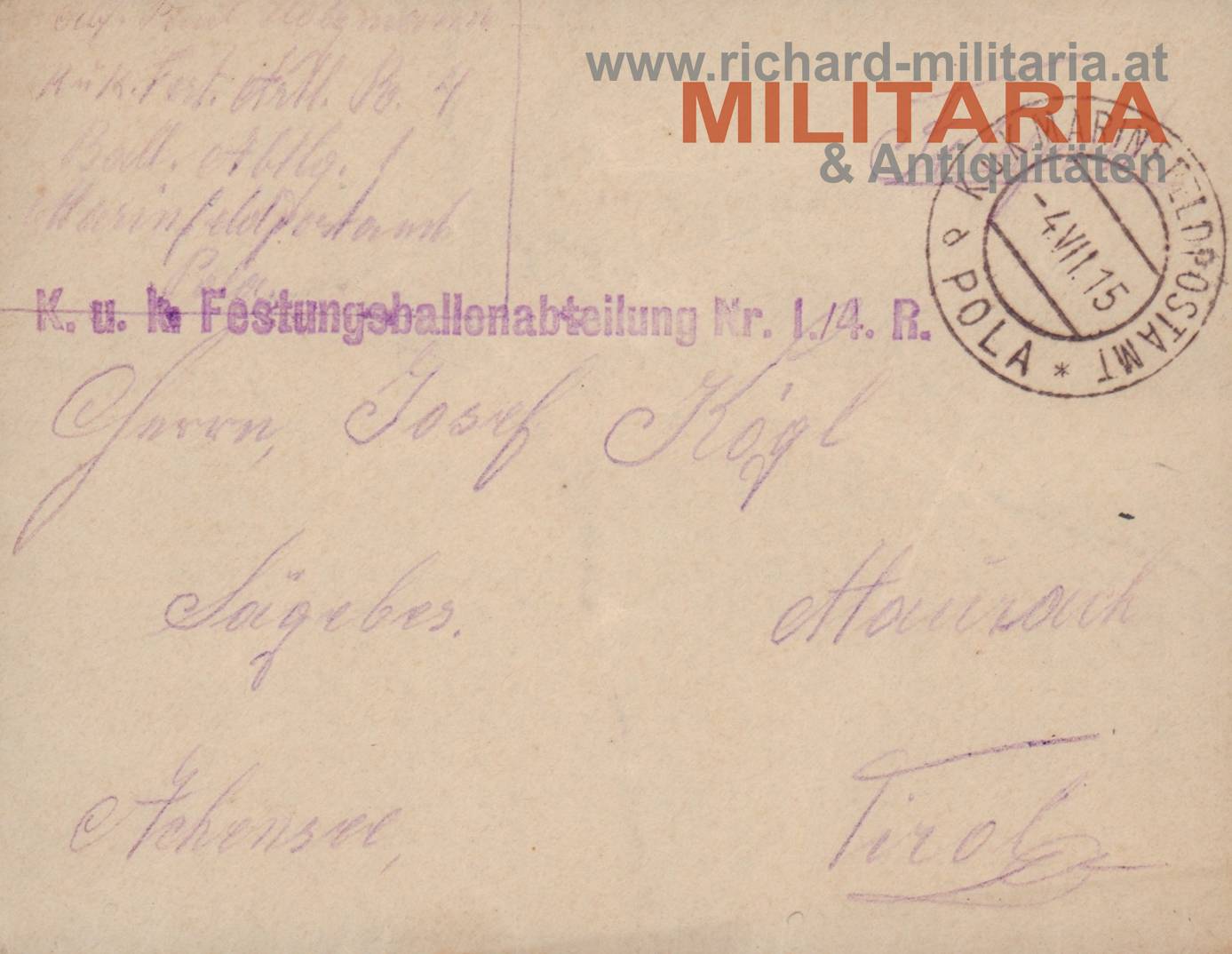 k.u.k. Marine-Feldpost - Kuvert "k.u.k. Festungsballonabteilung Nr. 1./4. R."
