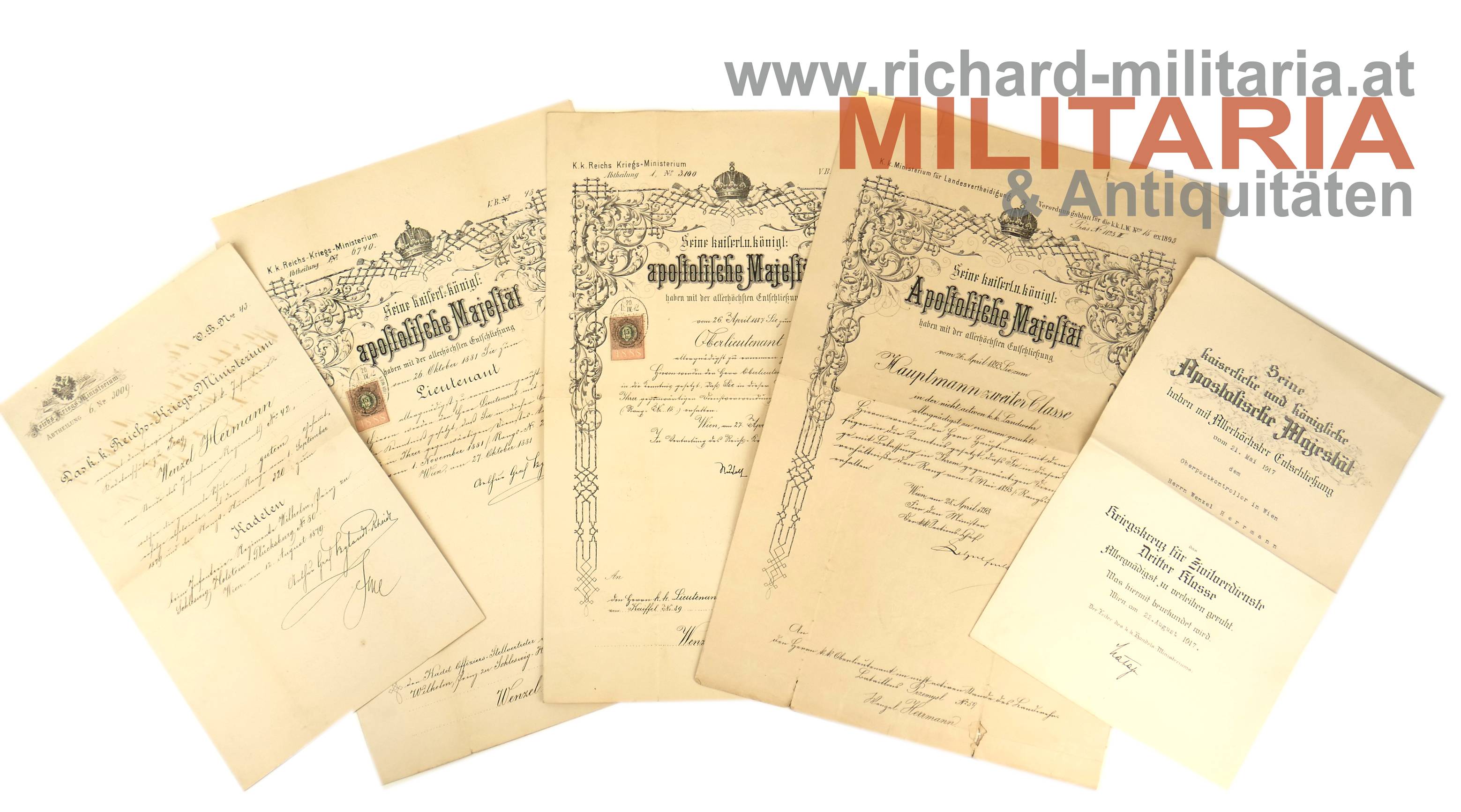 5 Urkunden - k.k. Kriegskreuz für Zivilverdienste 1917 und weitere Urkunden