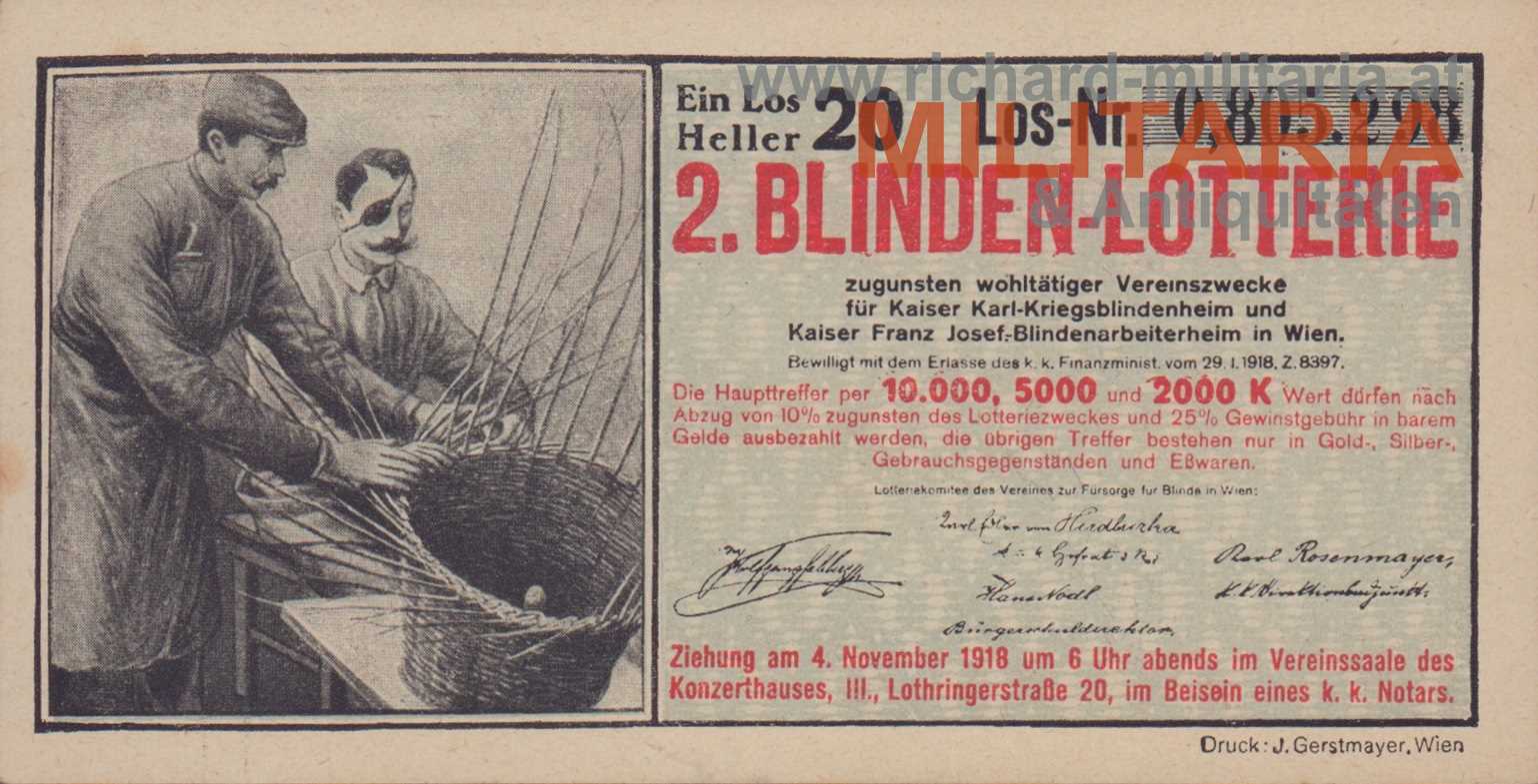 k.u.k. Lotterieschein der 2. Blinden-Lotterie - 4. November 1918