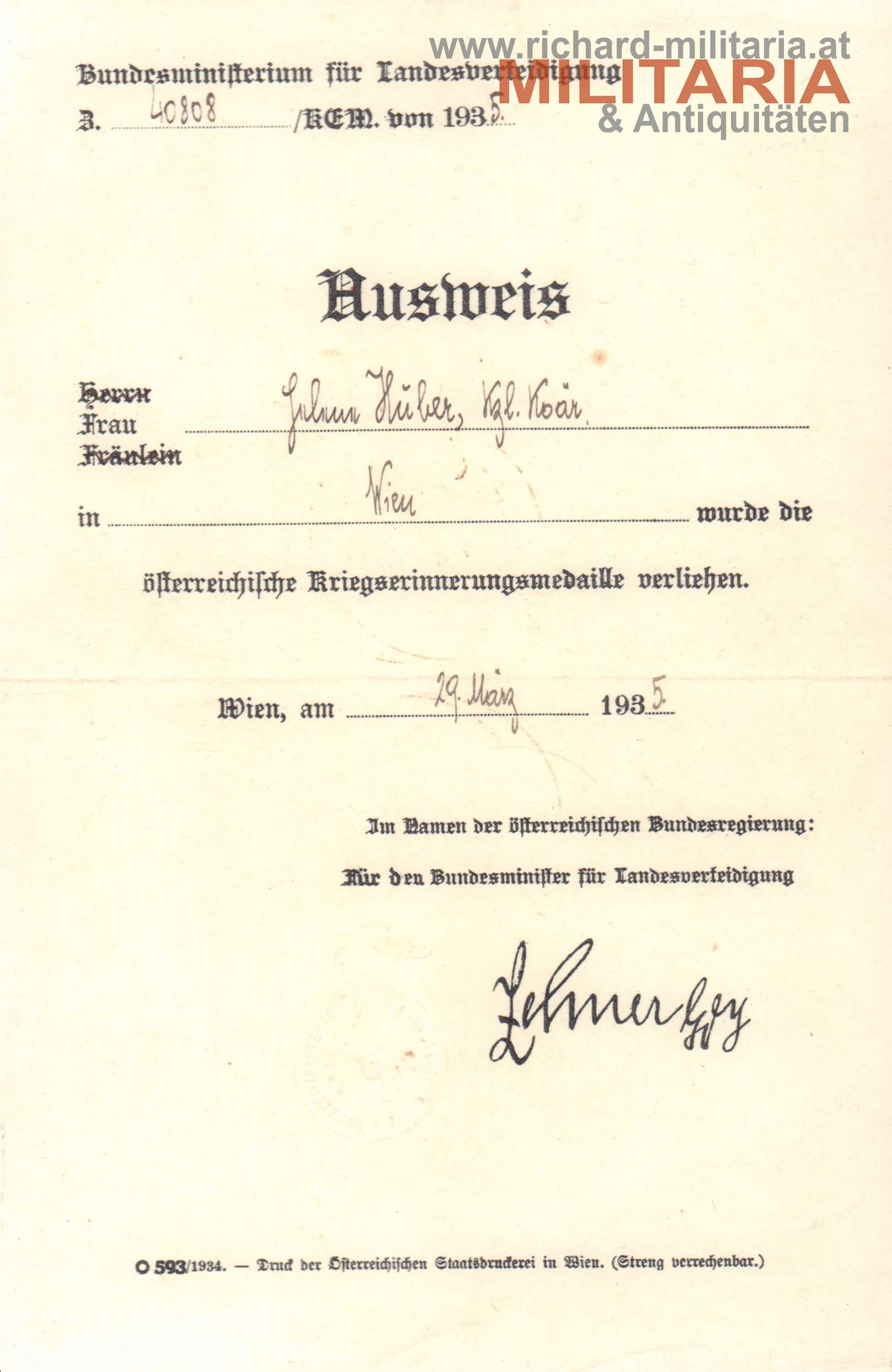 Österr. Kriegserinnerungsmedaille - Ausweis an FRAU Johanna Huber