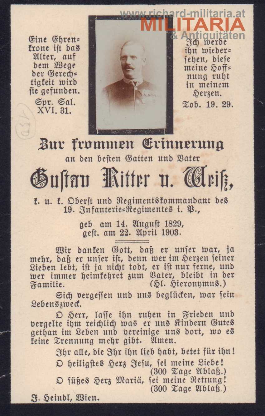 k.u.k. Sterbebild - Gustav Ritter v. Weiß k.u.k Oberst und Regimentskommandant IR 19