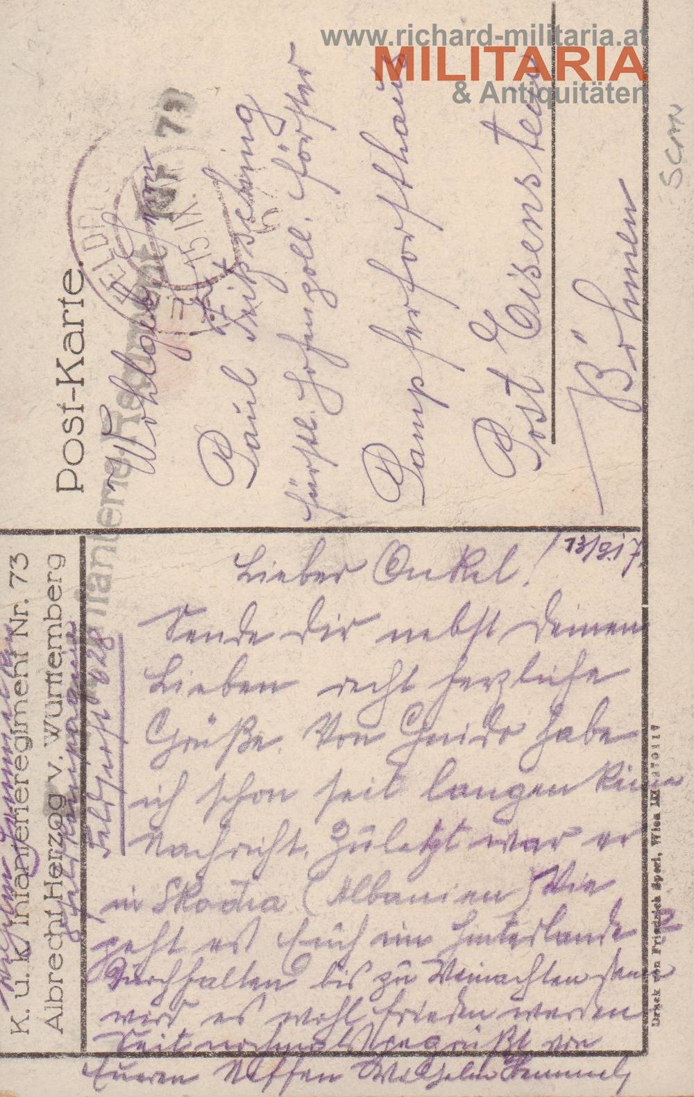 PK - k.u.k. Infanterie Regiment Nr. 73 "Albrecht Herzog von Württemberg" - Italienische Gefechtsschauplätze