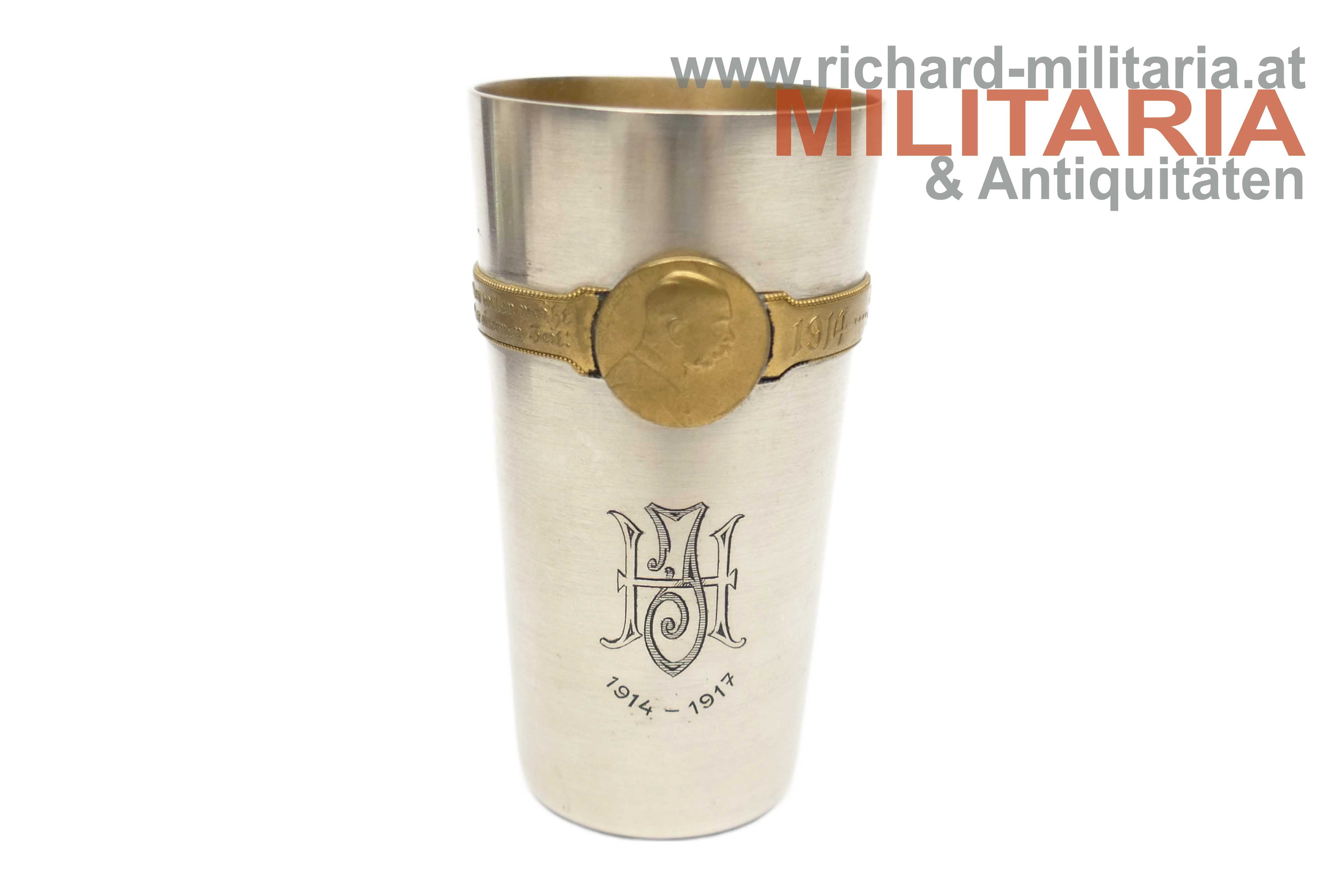 k.u.k. Kriegsbecher in Geschenketui - gewidmet