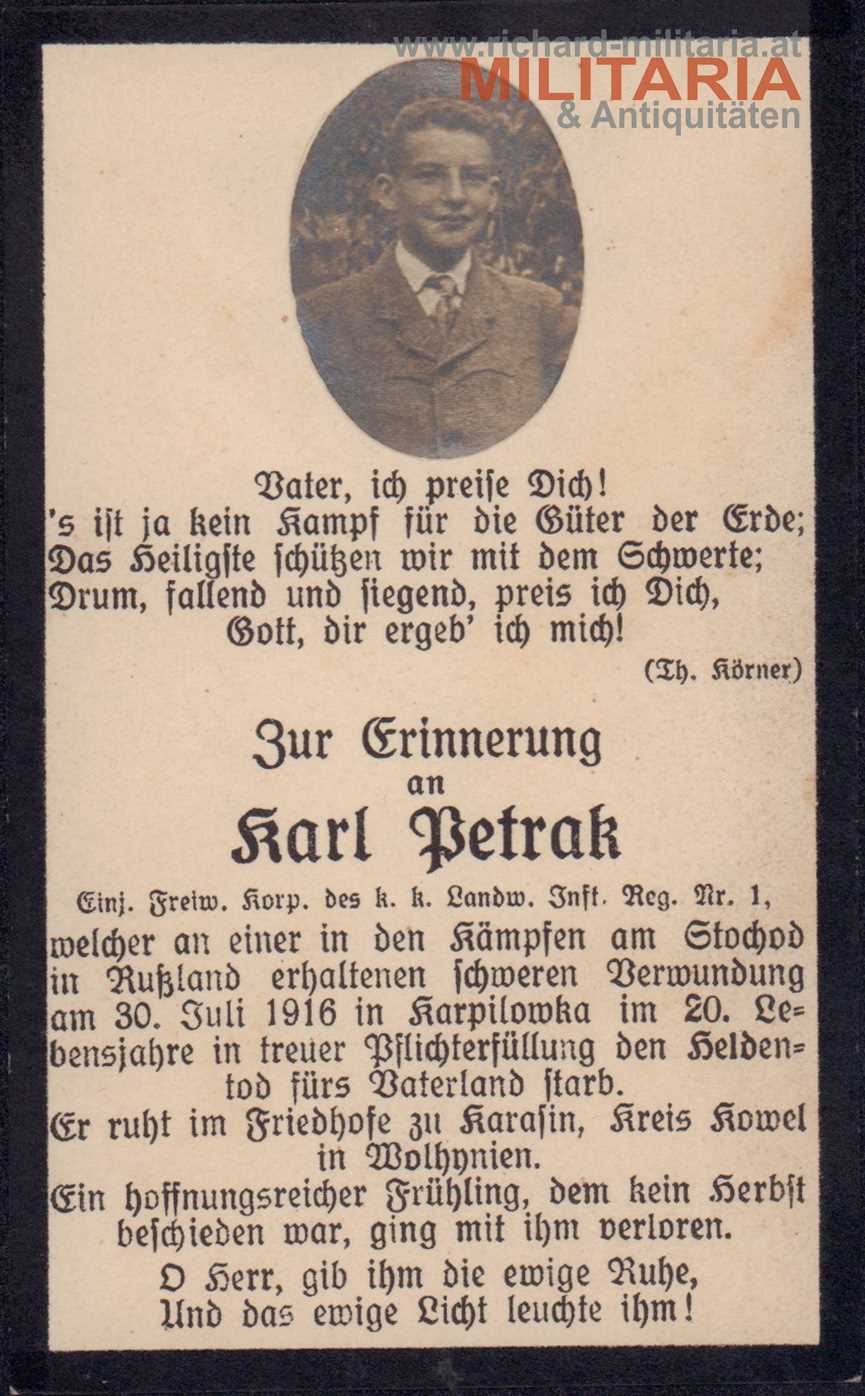 k.k. Sterbebild - Karl Petrak Einj. Freiw. Korp. - LW-Inft. Reg. Nr. 1