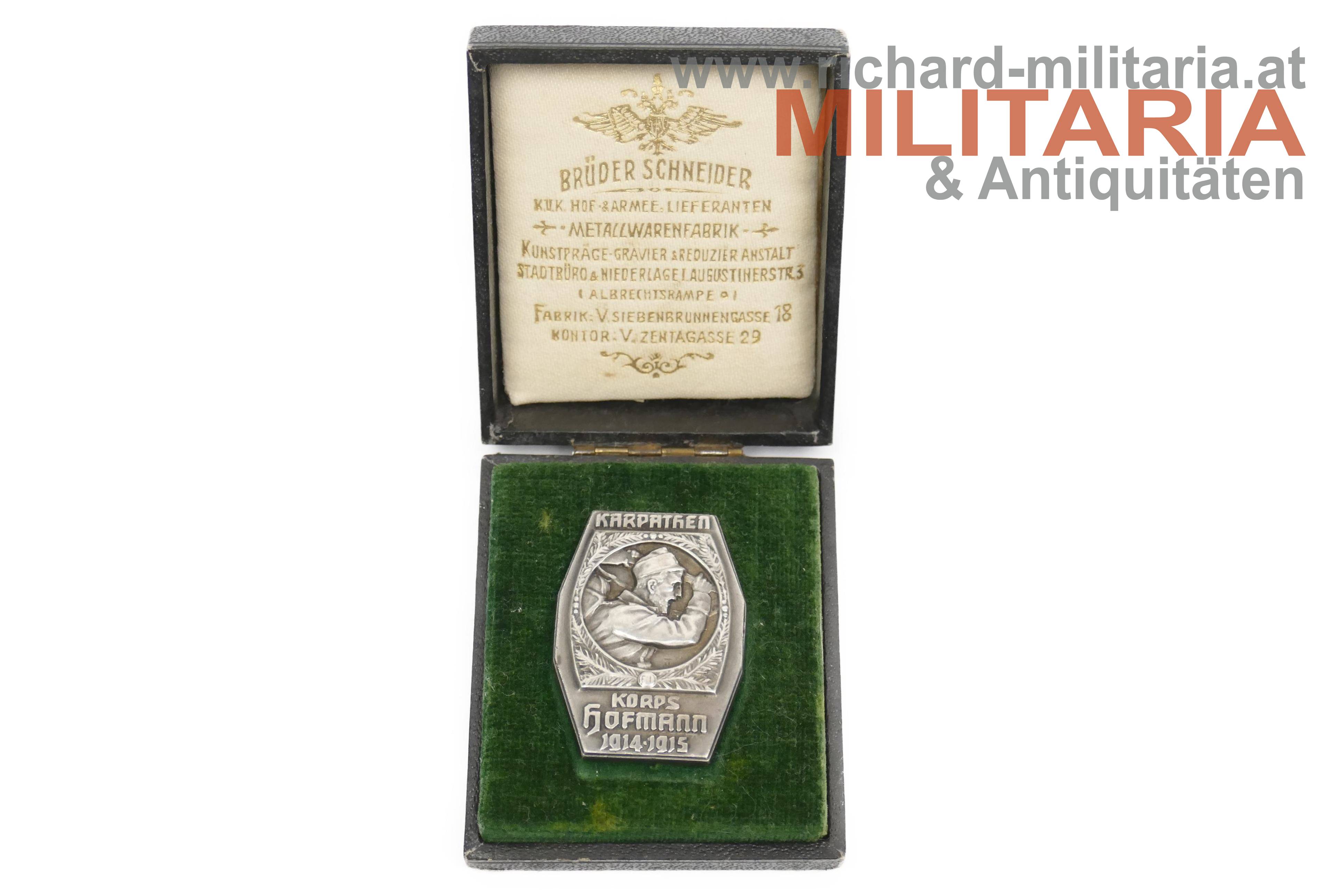 k.u.k. Kappenabzeichen - Karpathen - Korps Hofmann 1914-1915 - SILBER im Etui