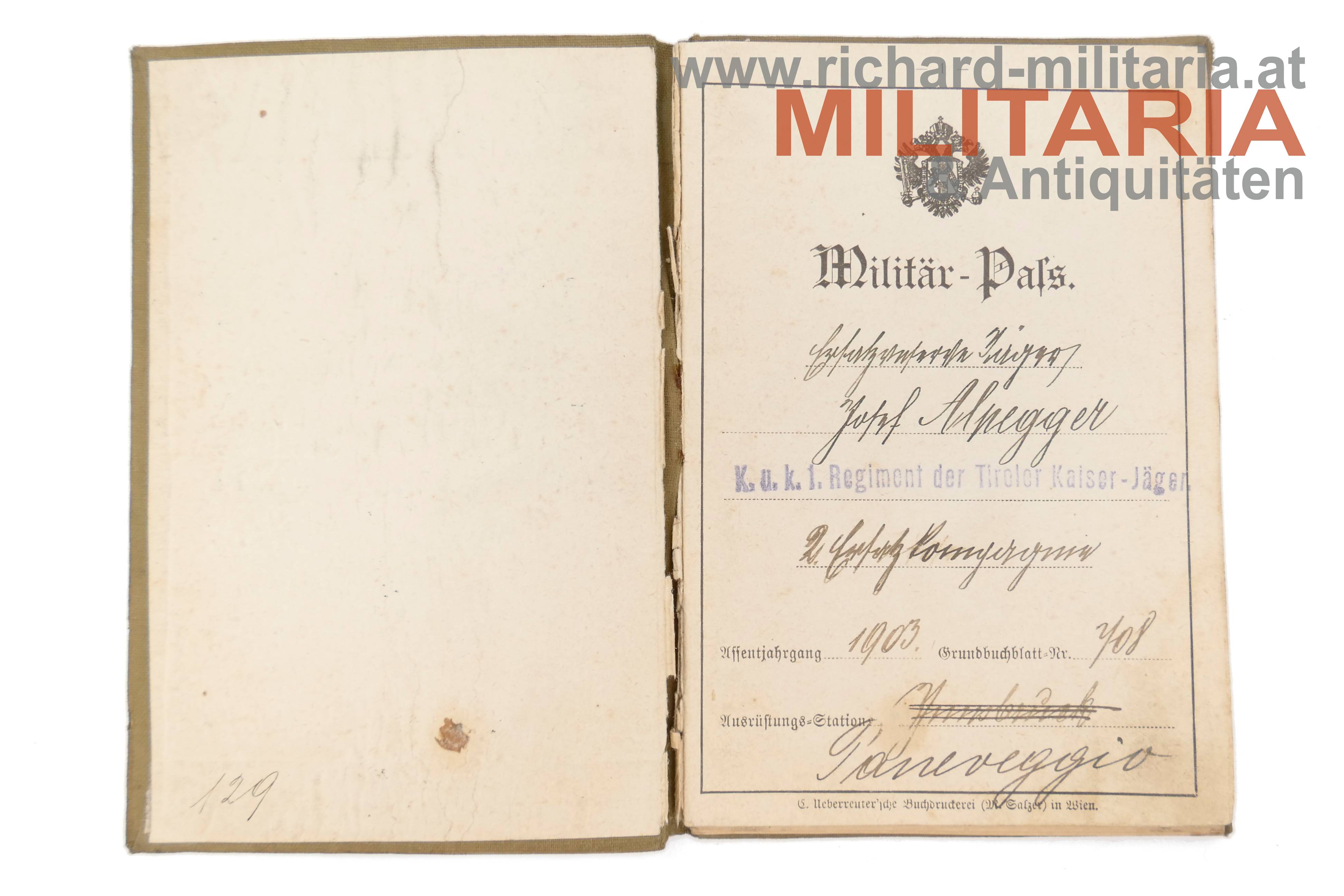 k.u.k. Militär-Pass - Tiroler Kaiserjäger Reg. Nr. 1
