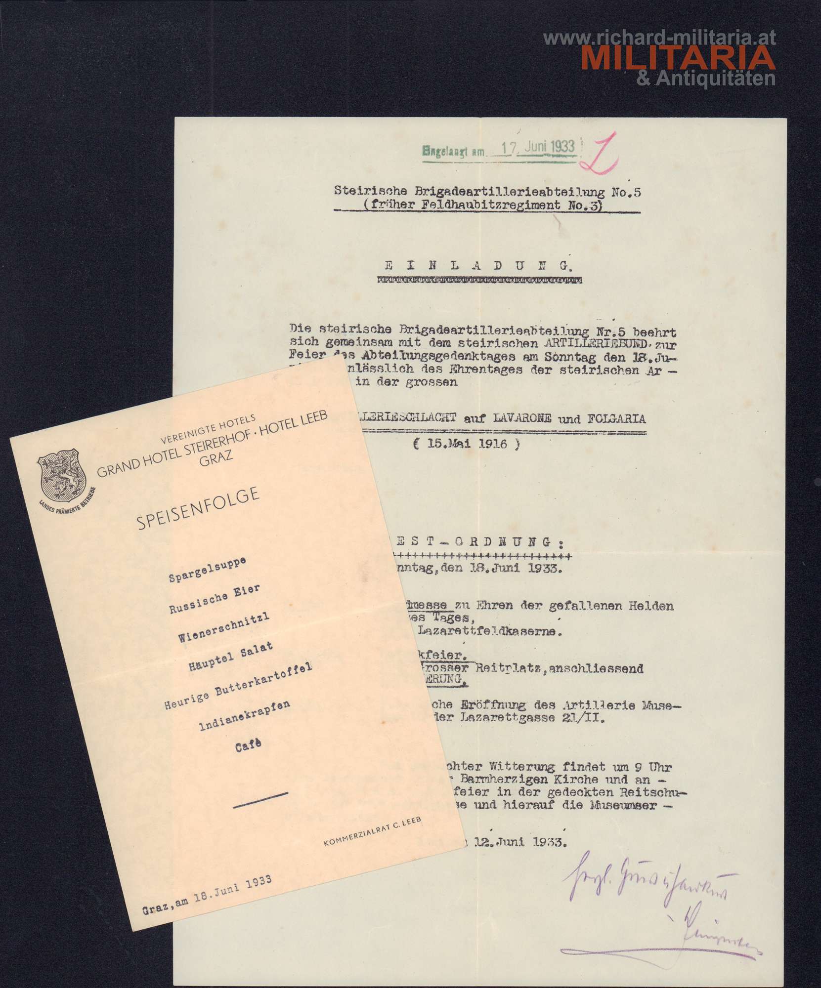 Bundesstaat - Einladung Gedenkfeier zur Artillerieschlacht auf Lavarone und Folgaria / 1933