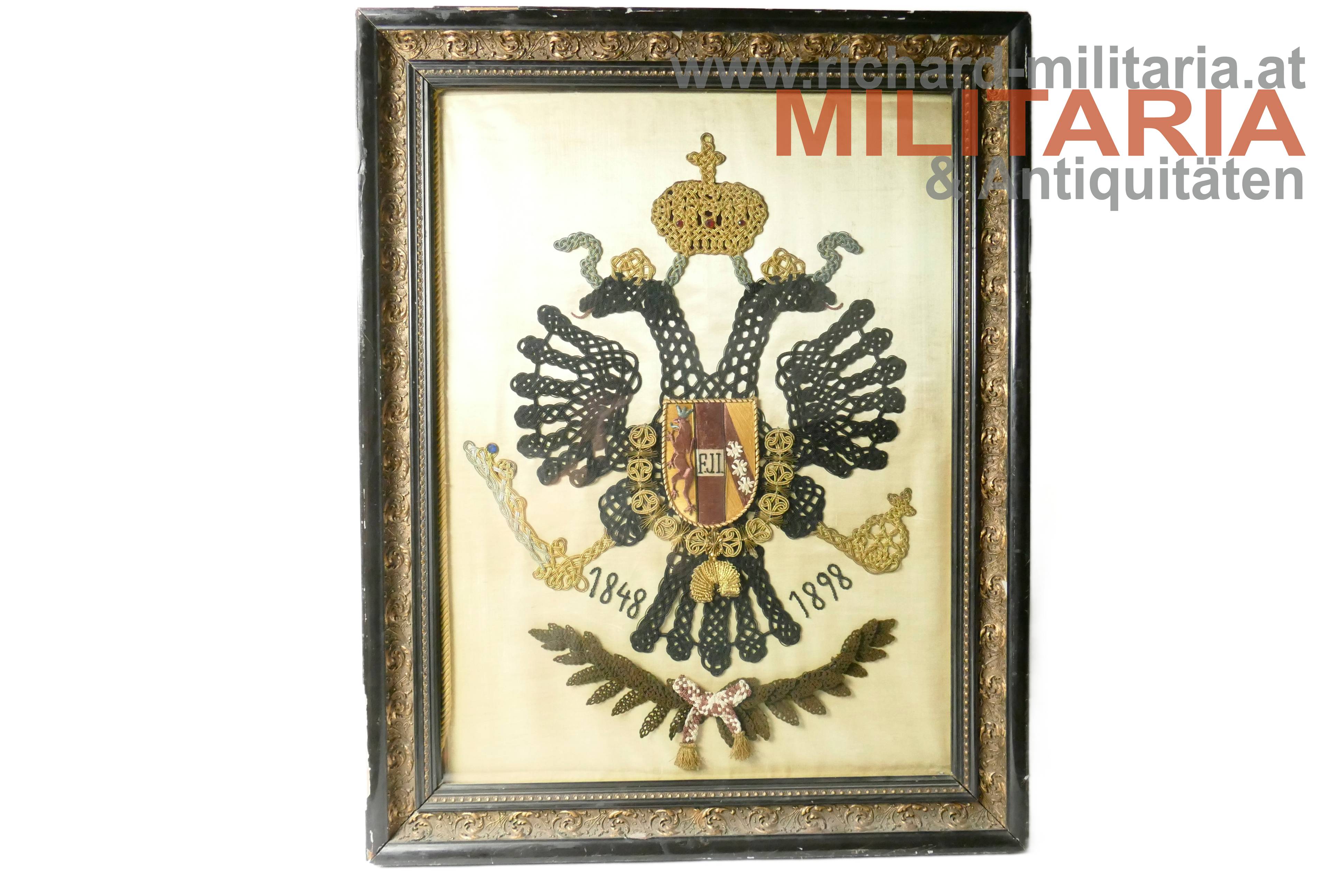 k.u.k. patriotische Stickerei hinter Glas "1848-1898"
