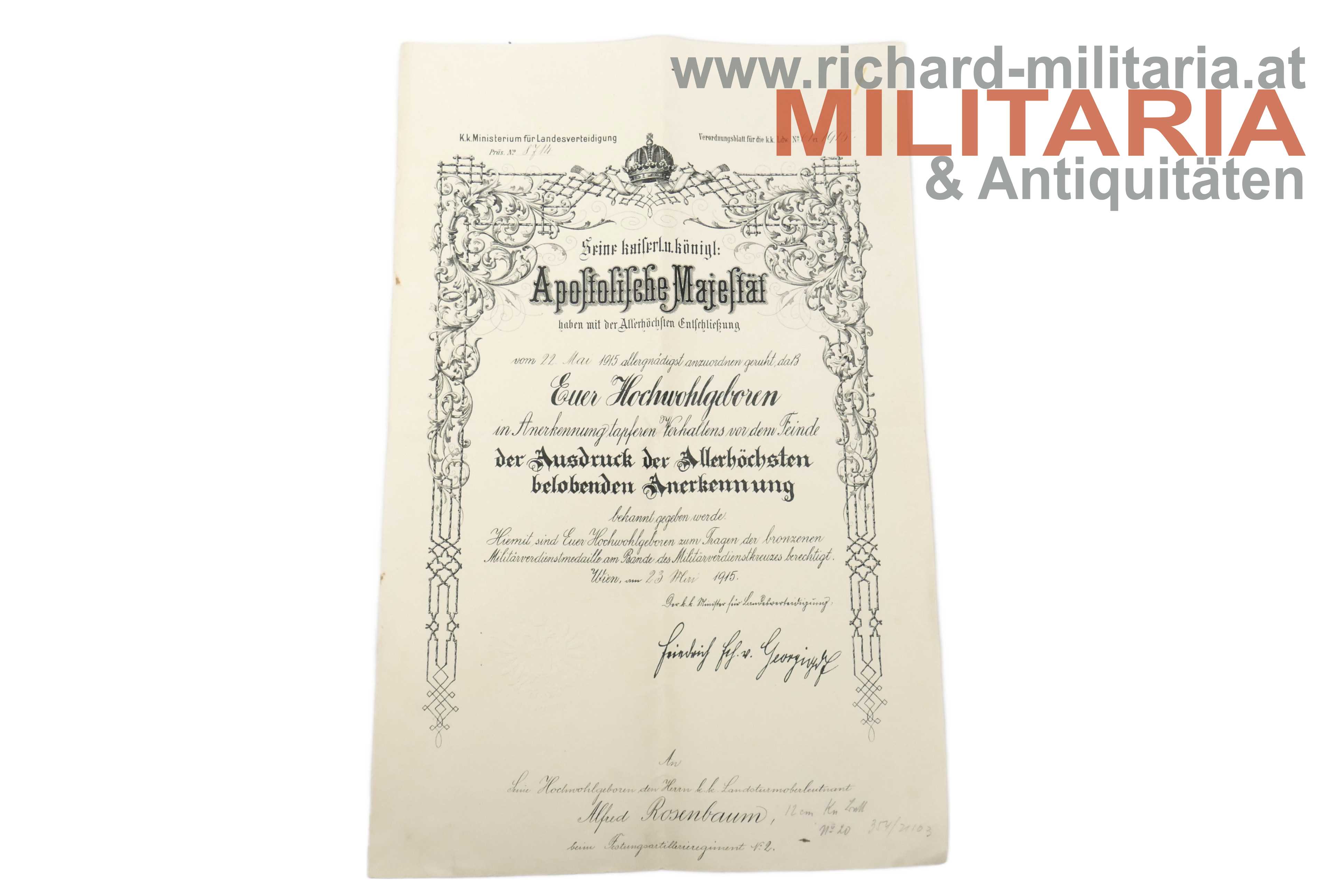 k.k. Nachlass - Landsturmoberleutnant Alfred Rosenbaum