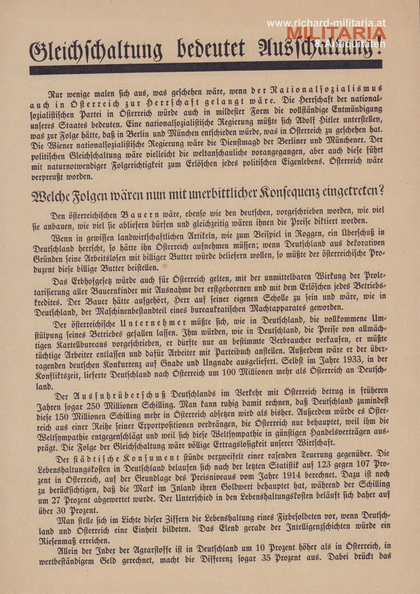 Flugblatt "Gleichschaltung bedeutet Ausschaltung!" - Vaterländische Front gegen die Nazis