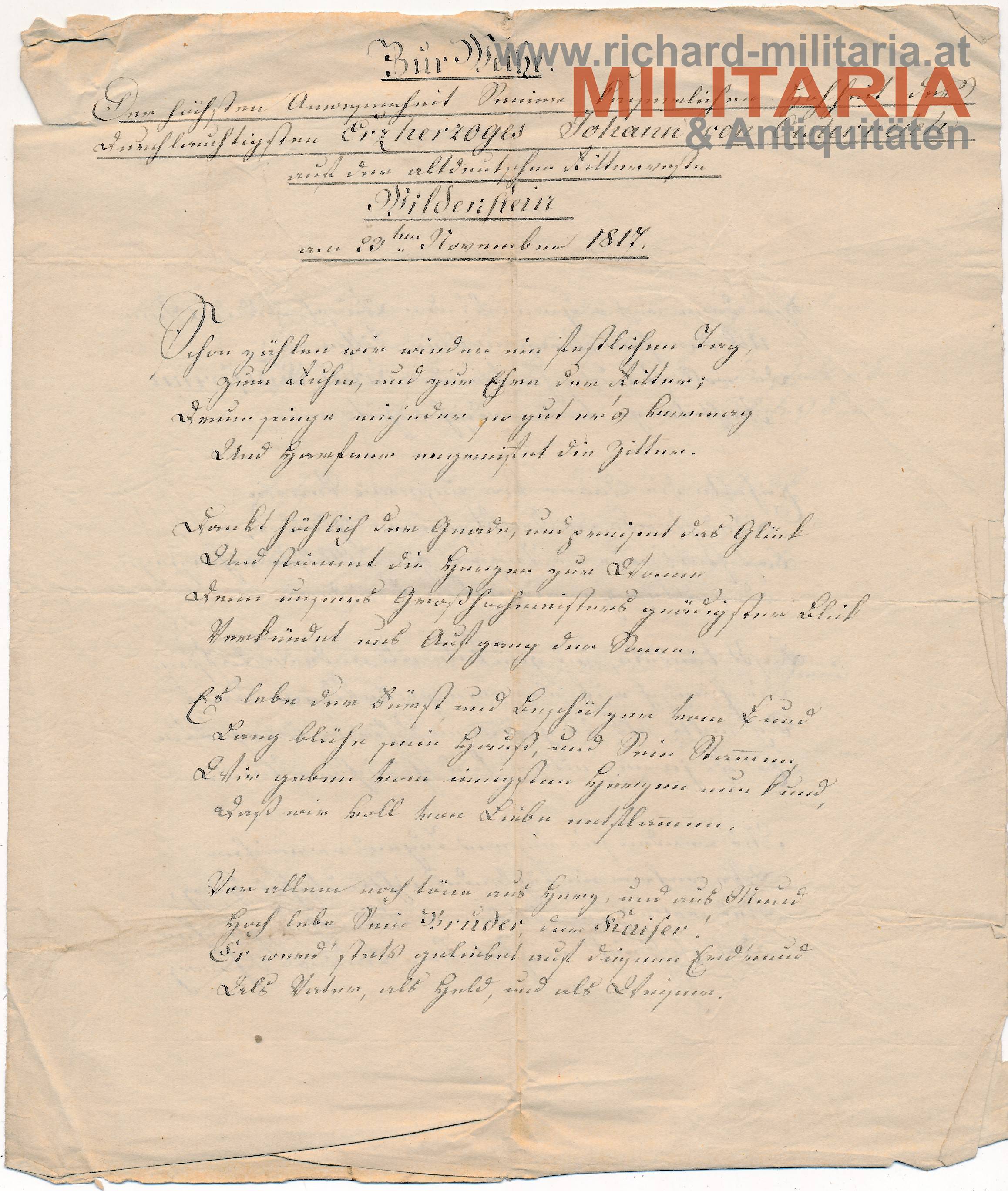 Ehrungsgedicht an Erzherzog Johann von Österreich - Wildenstein 1817