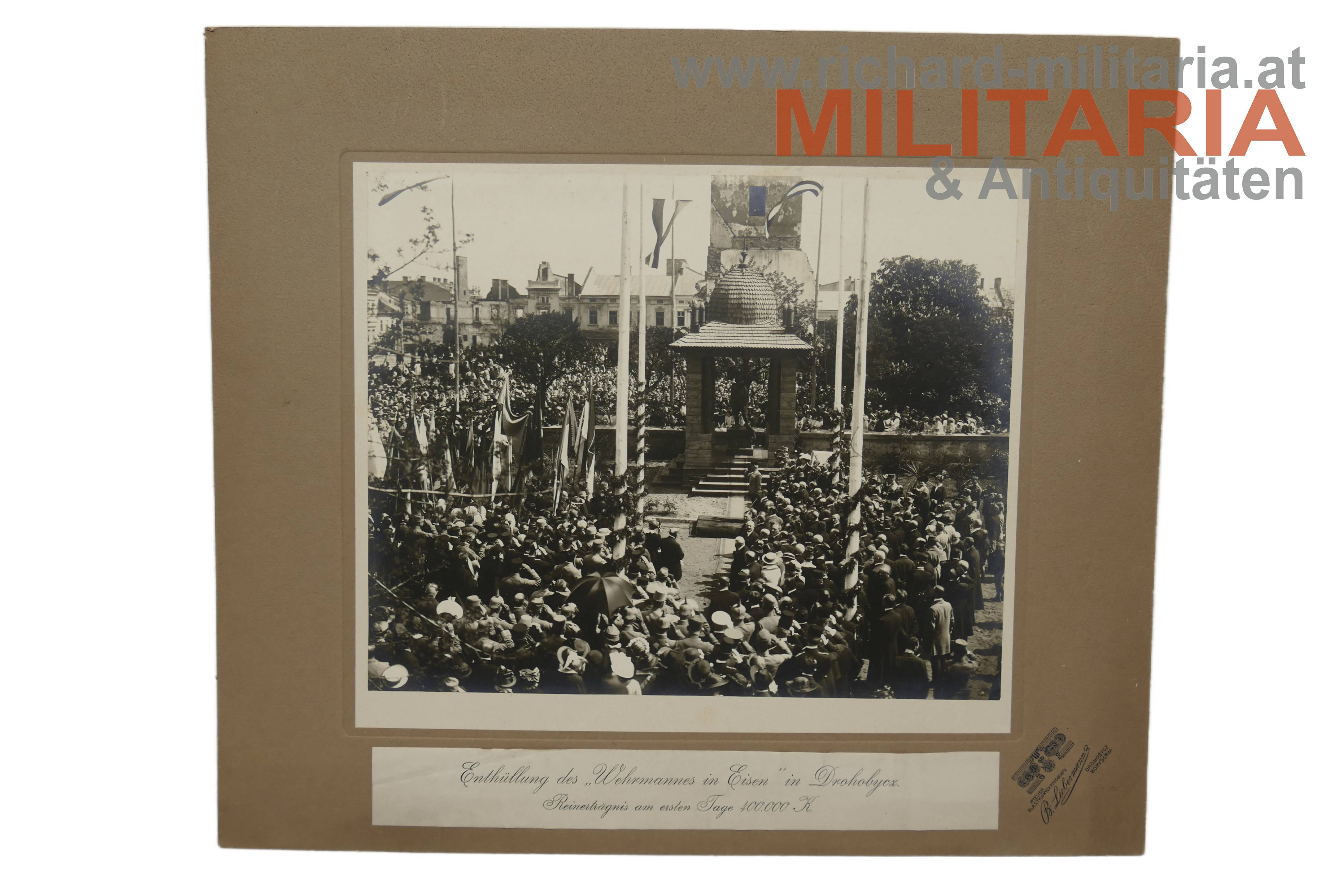 k.u.k. Hartkartonfoto - Enthüllung des Wehrmannes in Eisen in Drohobycz