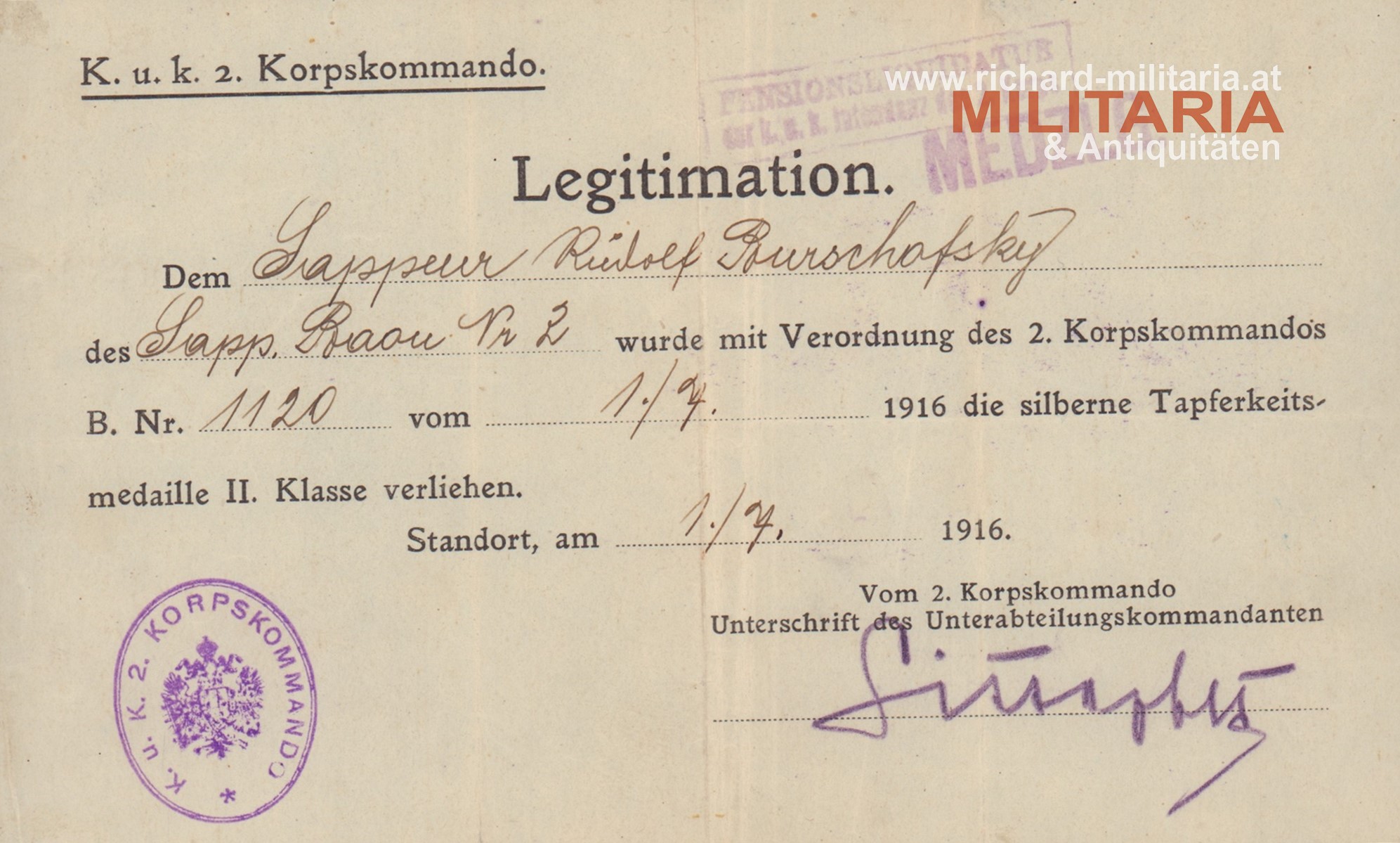 k.u.k. 2. Korpskommando Legitimation SILBERNE TK II. Klasse