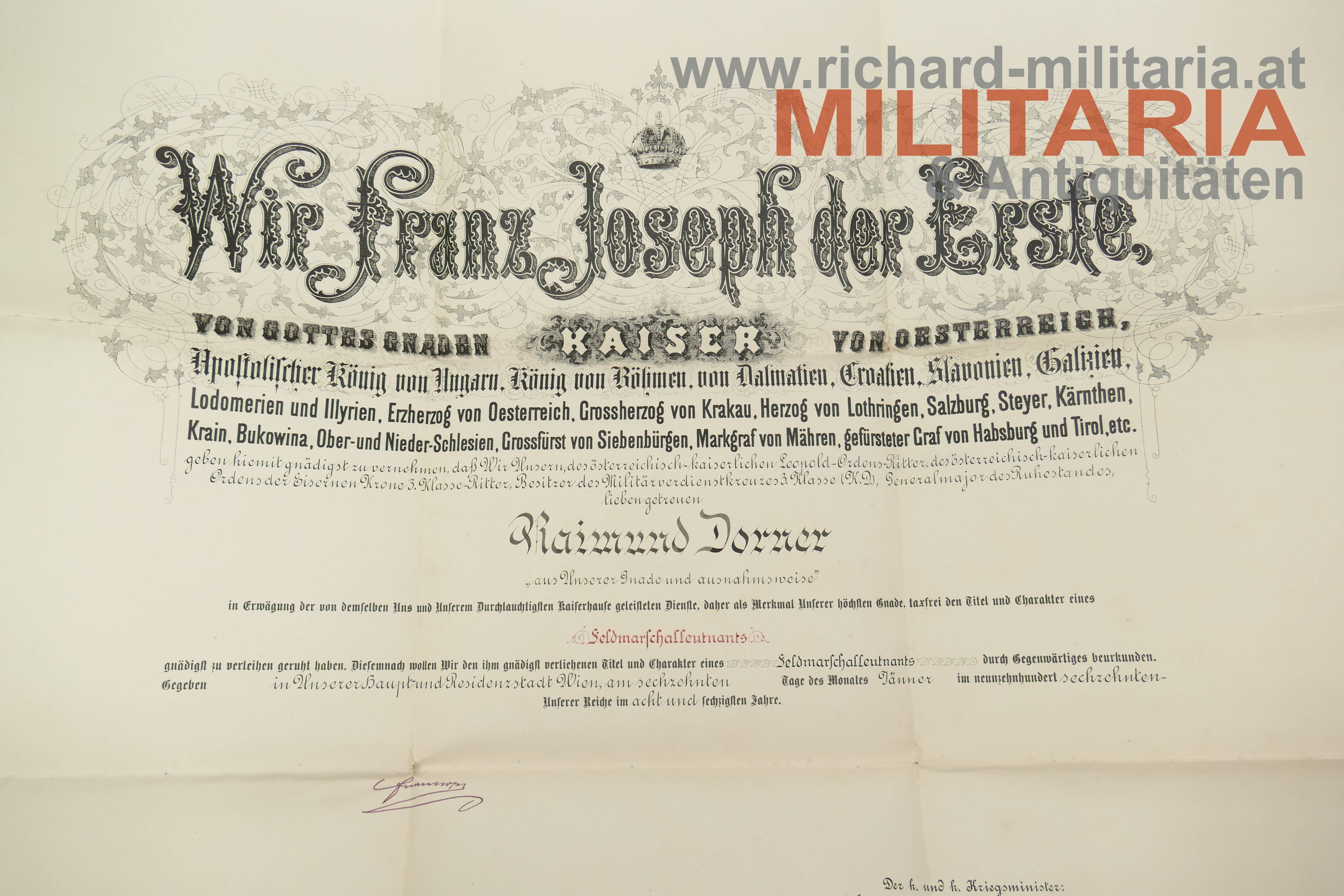 k.u.k. Ernennungsurkunde - Feldmarschallleutnant Dorner Raimund