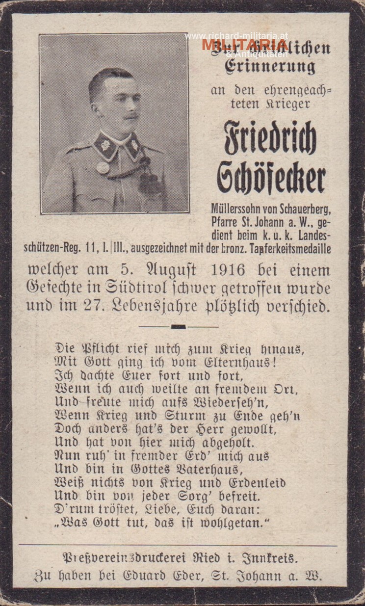 k.u.k. Sterbebild Landesschützenregiment Nr. 11, I./III. ausgezeichnet mit der bronzenen Tapferkeitsmedaille