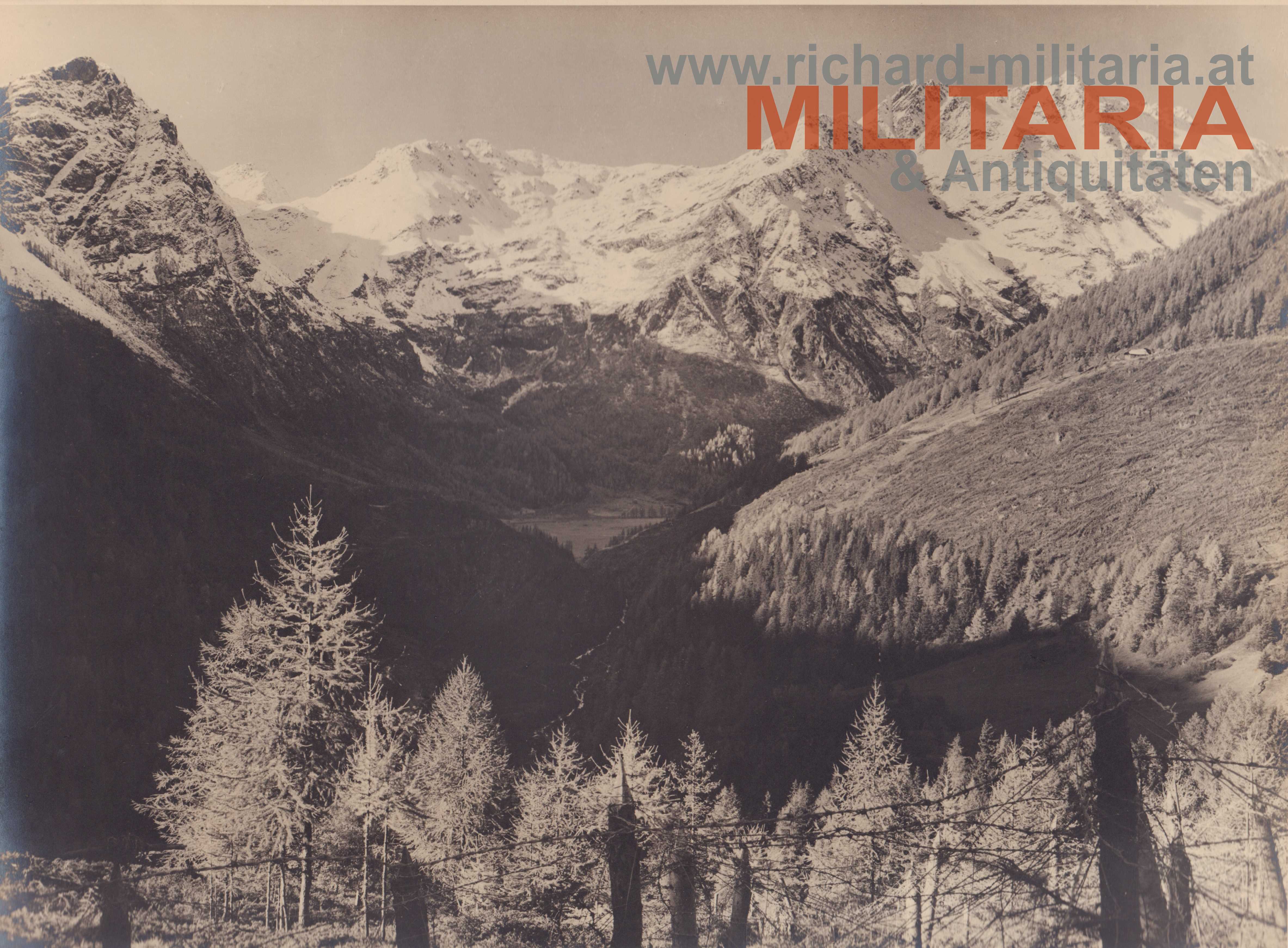 k.u.k Foto - Südfront - Stacheldrahtverhau mit Gebirge im Hintergrund