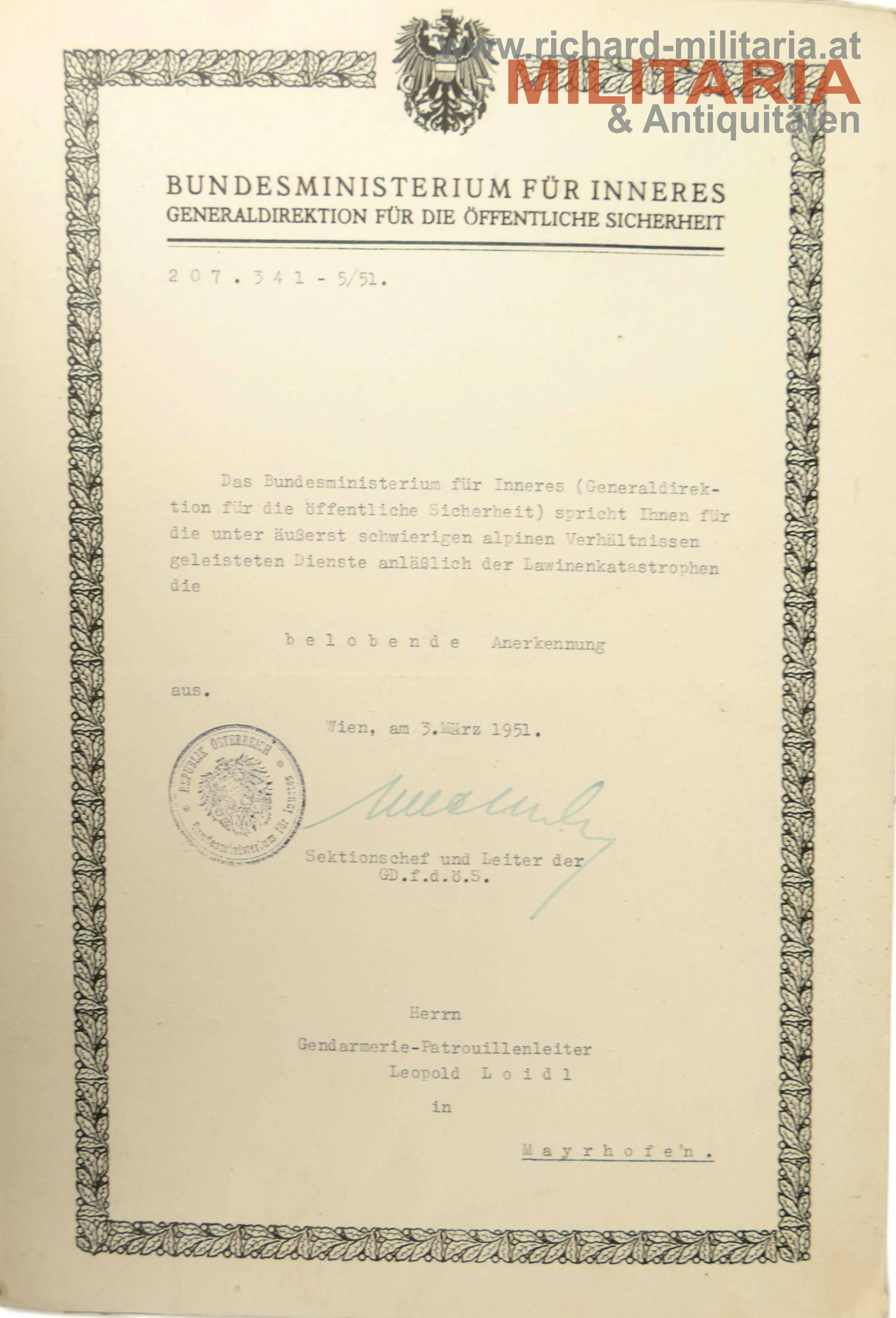 Belobigungsurkunde - 1951 - BMI Generaldirektion f. die öffentliche Sicherheit 