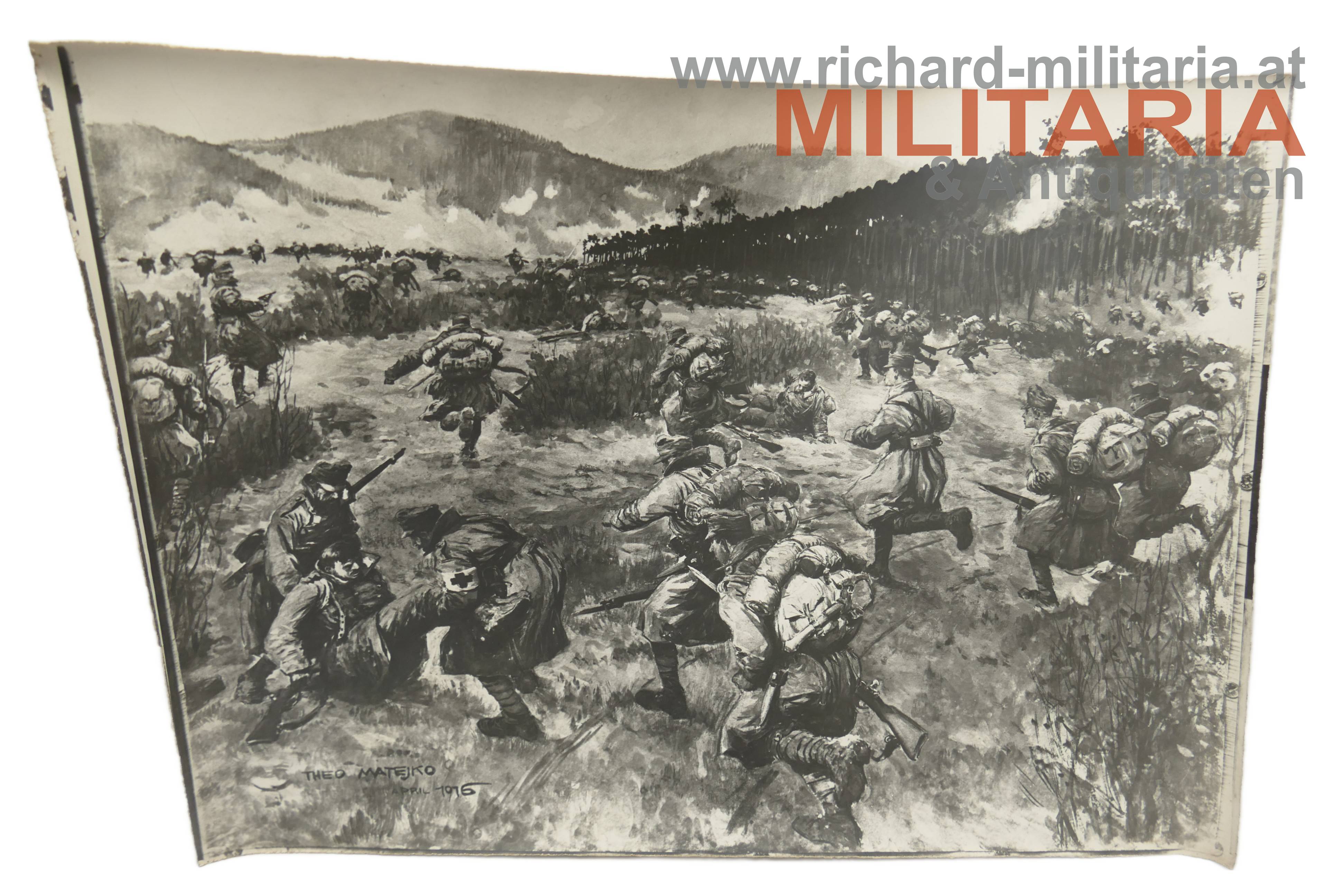 k.u.k. Bilddruck - Stürmende österreichische Soldaten - Pressezeichner Theo Matejko 1916