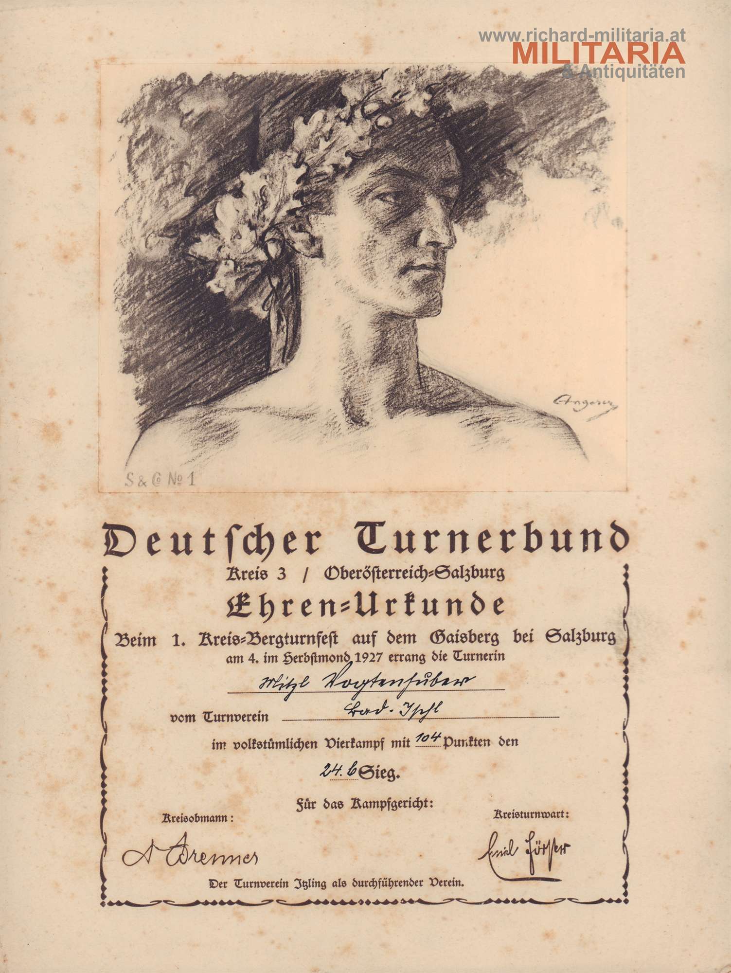 Deutscher Turnerbund - Oberösterr-Salzburg - Ehrenurkunde 