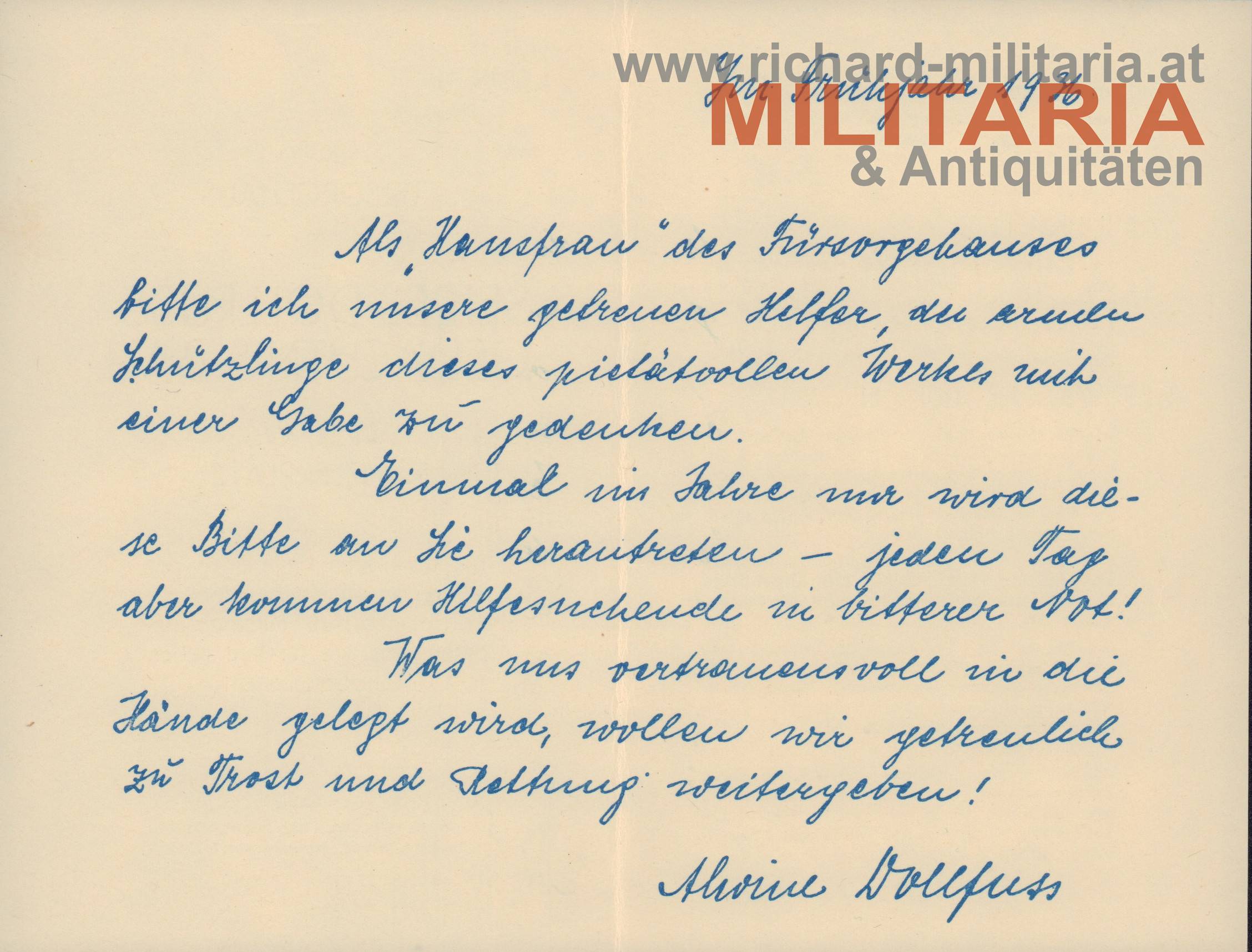 Briefdruck Alwine Dollfuss für d. Fürsorgehaus im Seipel-Dollfuss-Gedächnis-Bau