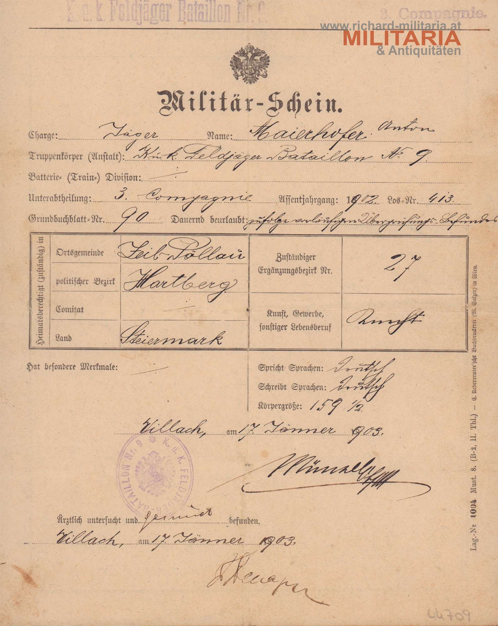 k.u.k. Feldjäger-Bataillon Nr. 9 - Militär-Schein