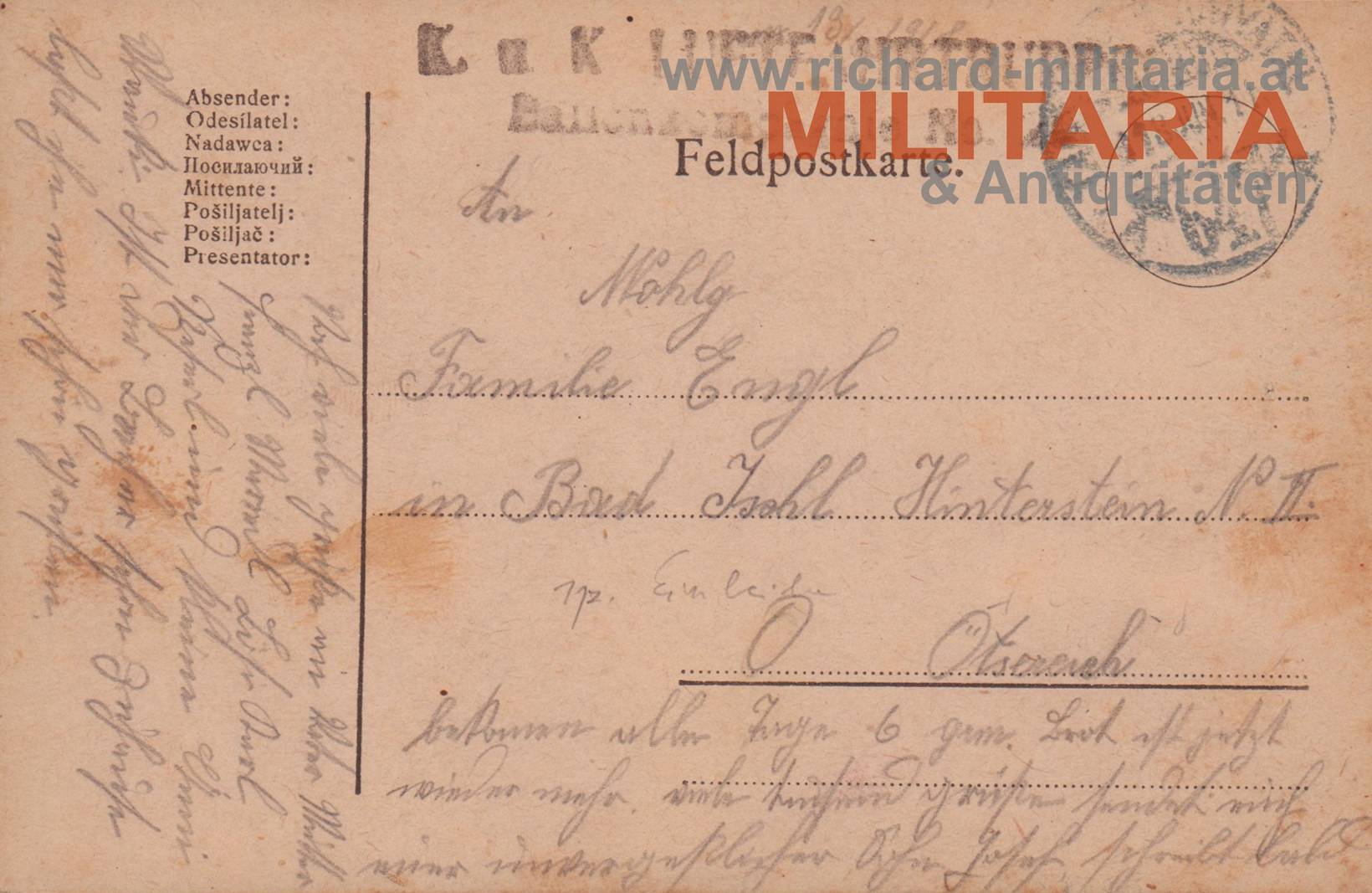 k.u.k. Feldpostkarte - Luftfahrtruppe - Ballonkompagnie Nr. 26