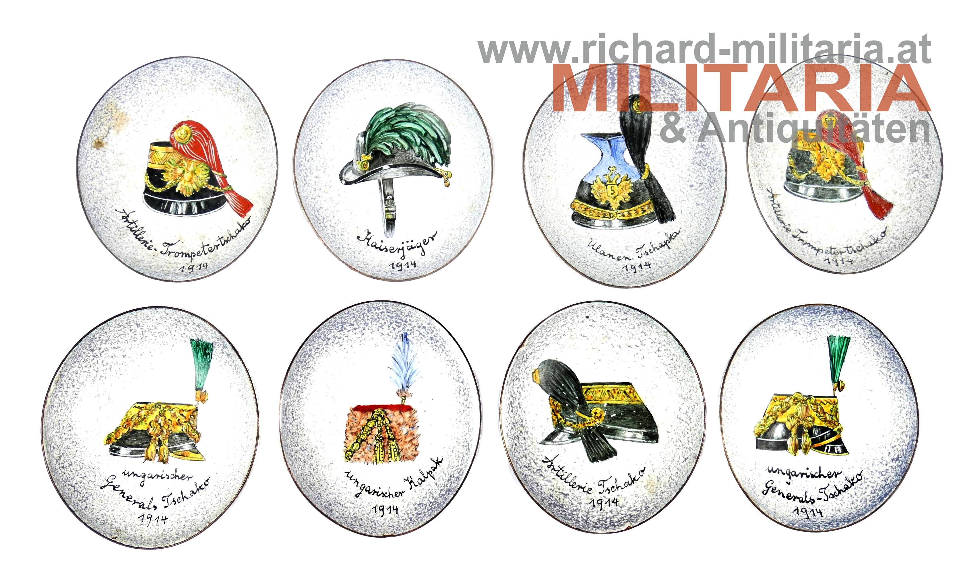 Konvolut Emailschälchen mit Abbildungen von k.u.k. Kopfbedeckungen - 8 Stk. 