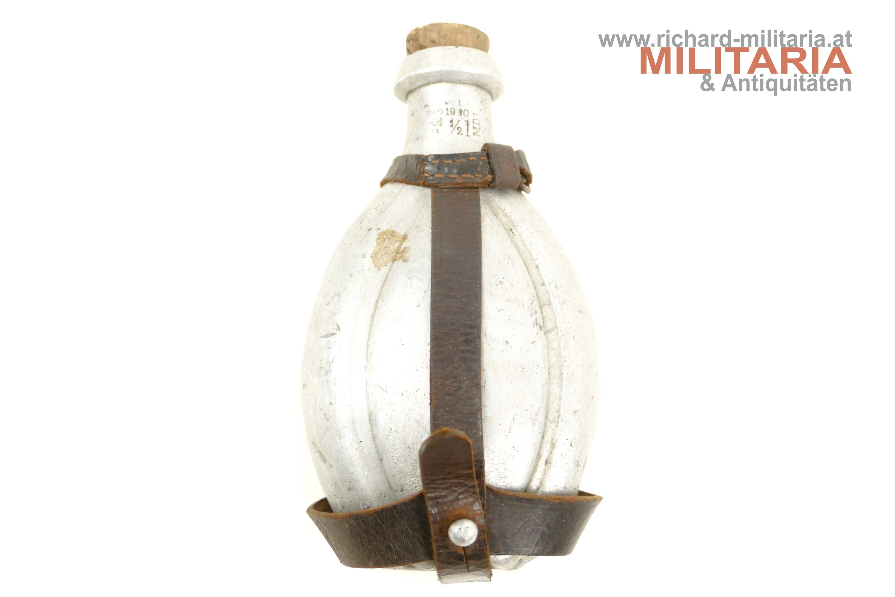 k.u.k. Aluminium-Feldflasche M1909 mit LEDERBERIEMUNG 