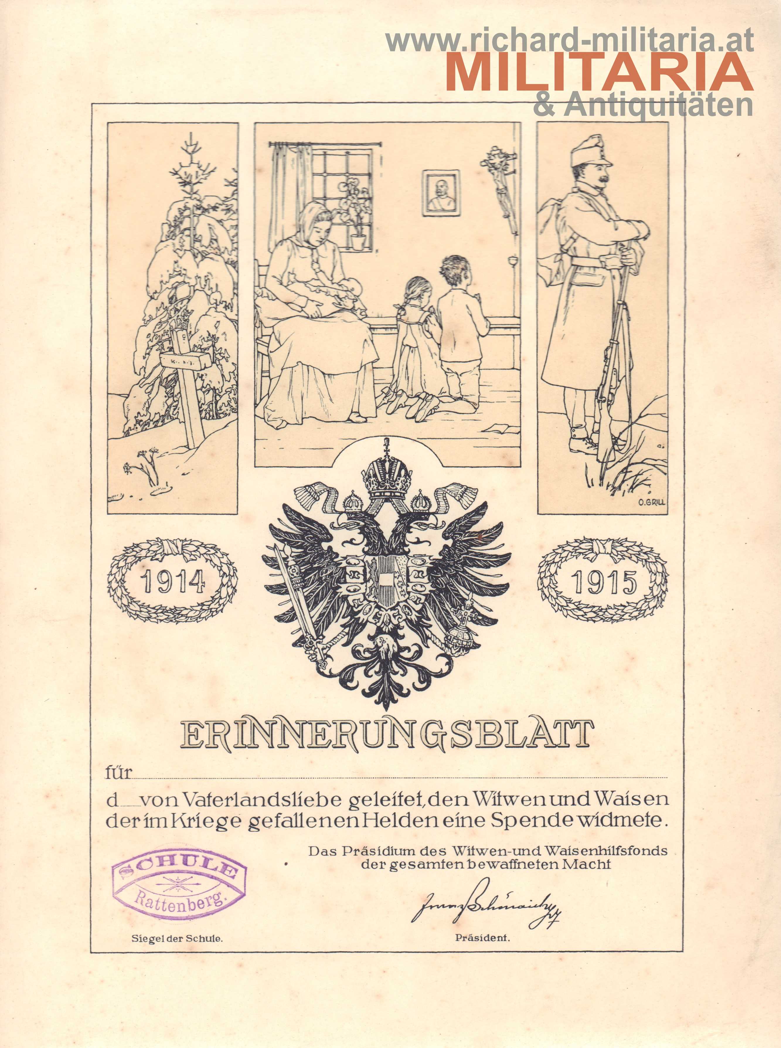 1. WK - Erinnerungsblatt für Spendengeber an die Witwen und Waisen