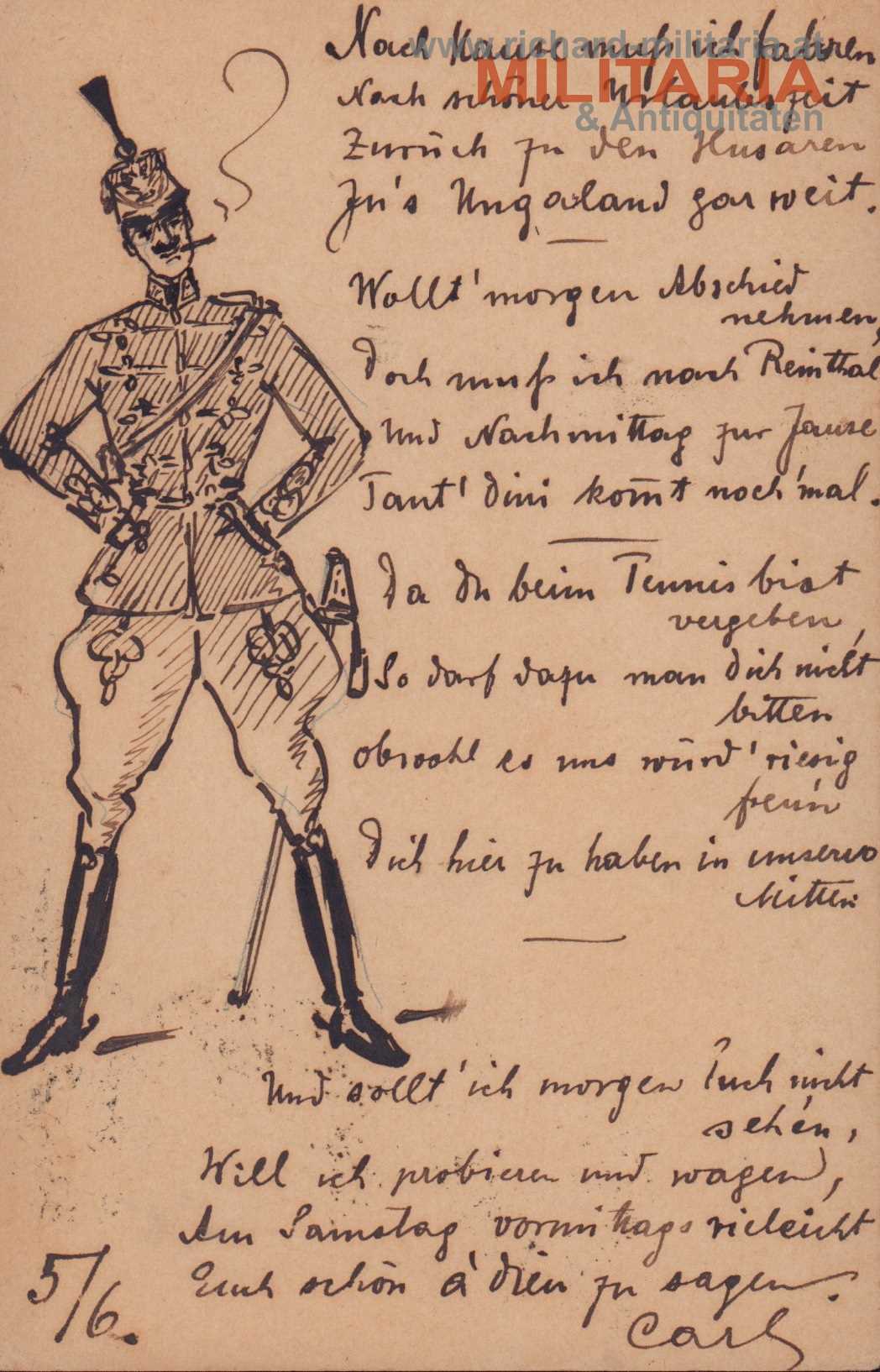 handgezeichnete Karte - Husar mit Gedicht 1902