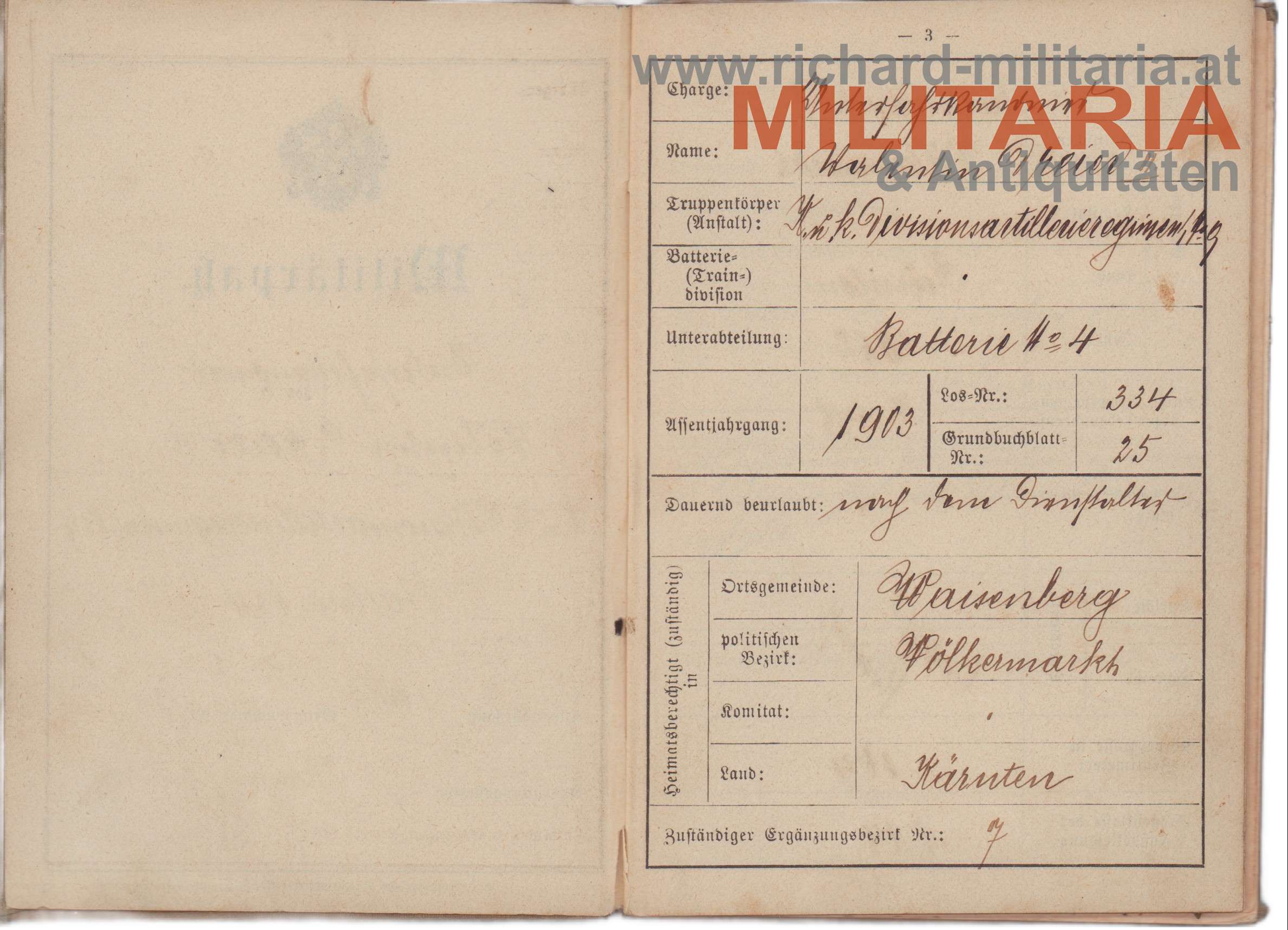 k.u.k. Militärpass Divisionsartillerieregiment Nr. 9/Batterie Nr. 4 /Kärnten