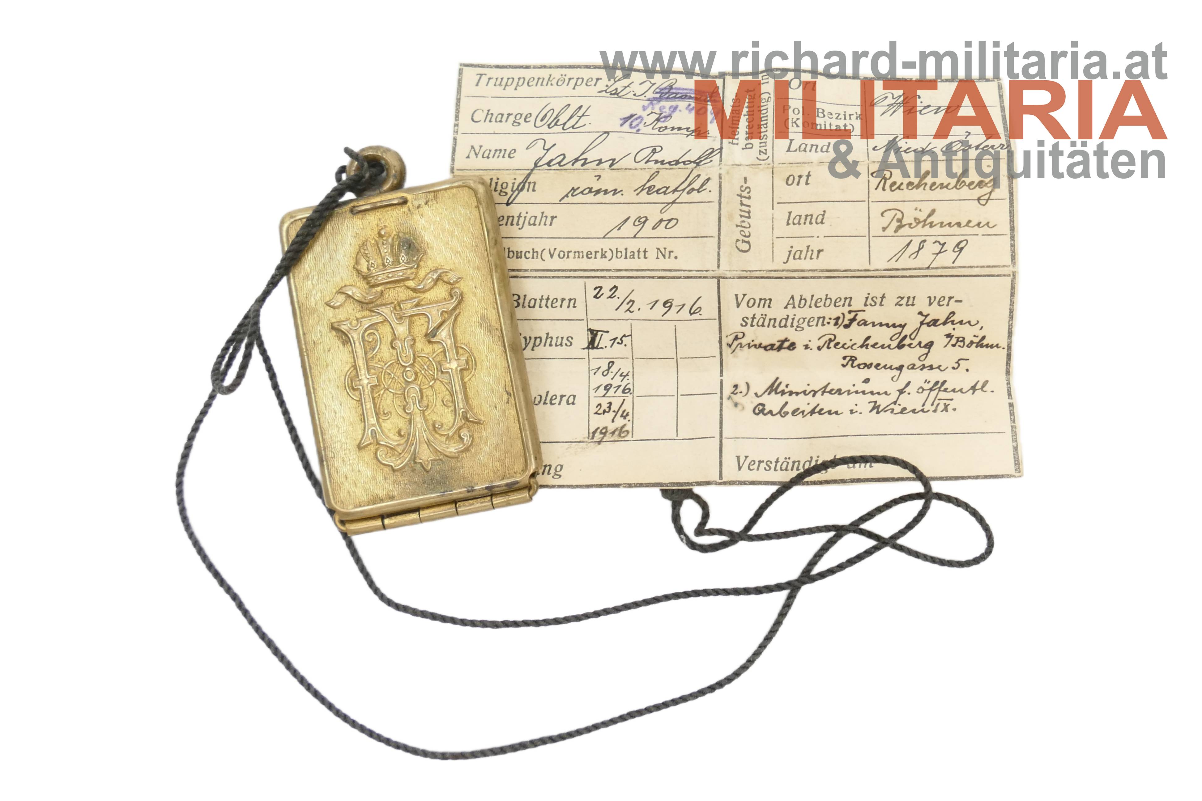 k.u.k. Legitimationskapsel - Oberleutnant Rudolf Jahn - Lst. I.B. 8