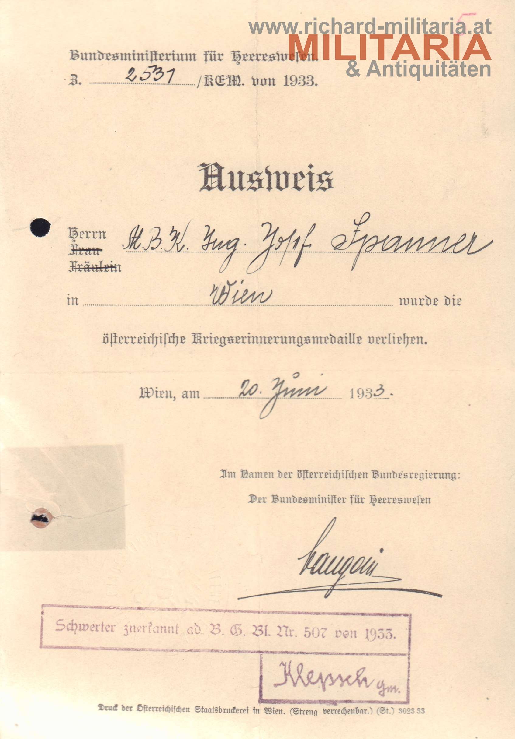 Österr. Kriegserinnerungsmedaille - Ausweis Josef Spanner