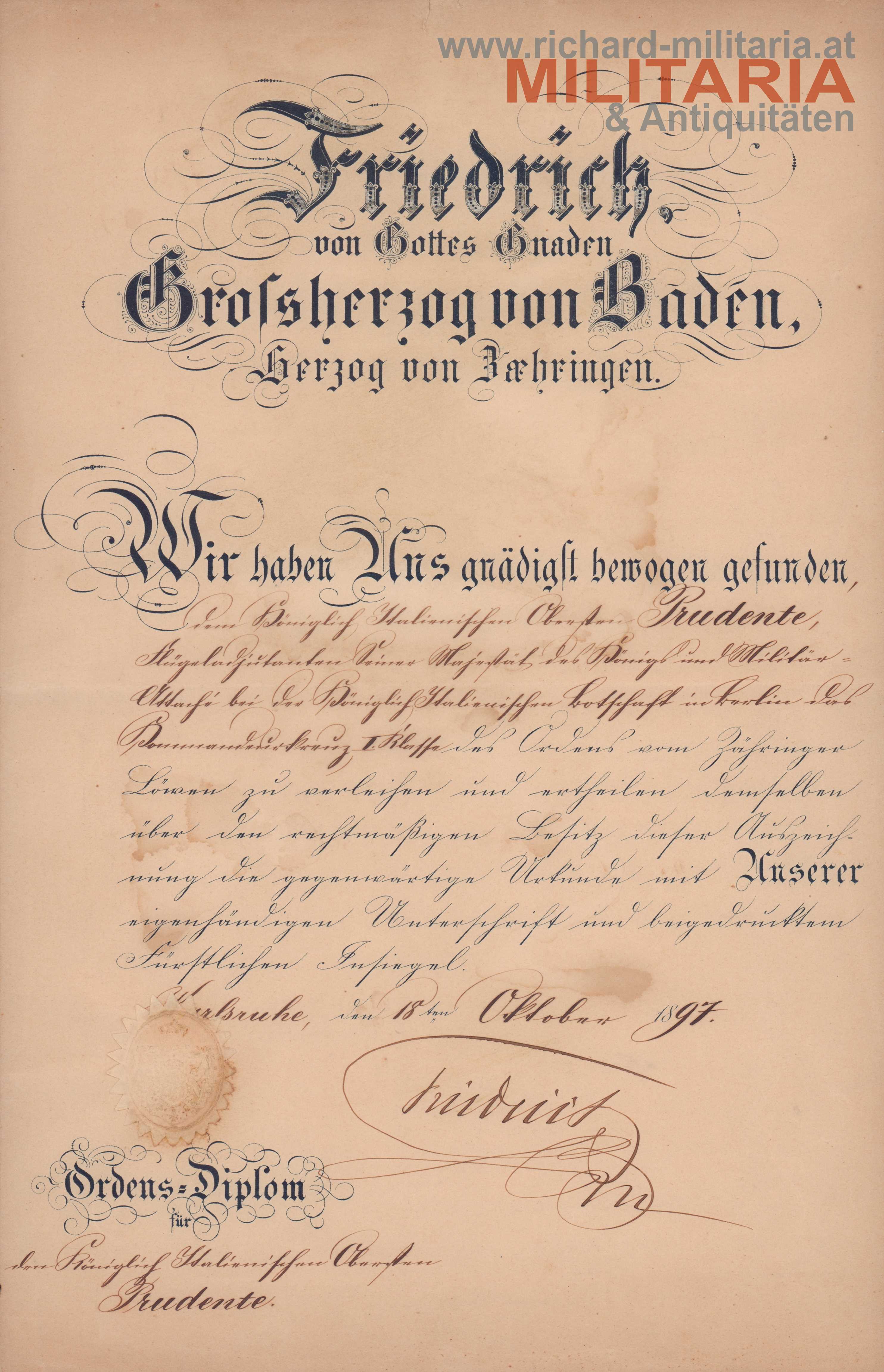 Baden - Verleihungsurkunde - Orden vom Zähringer Löwen - Kommandeurkreuz 1. Klasse 