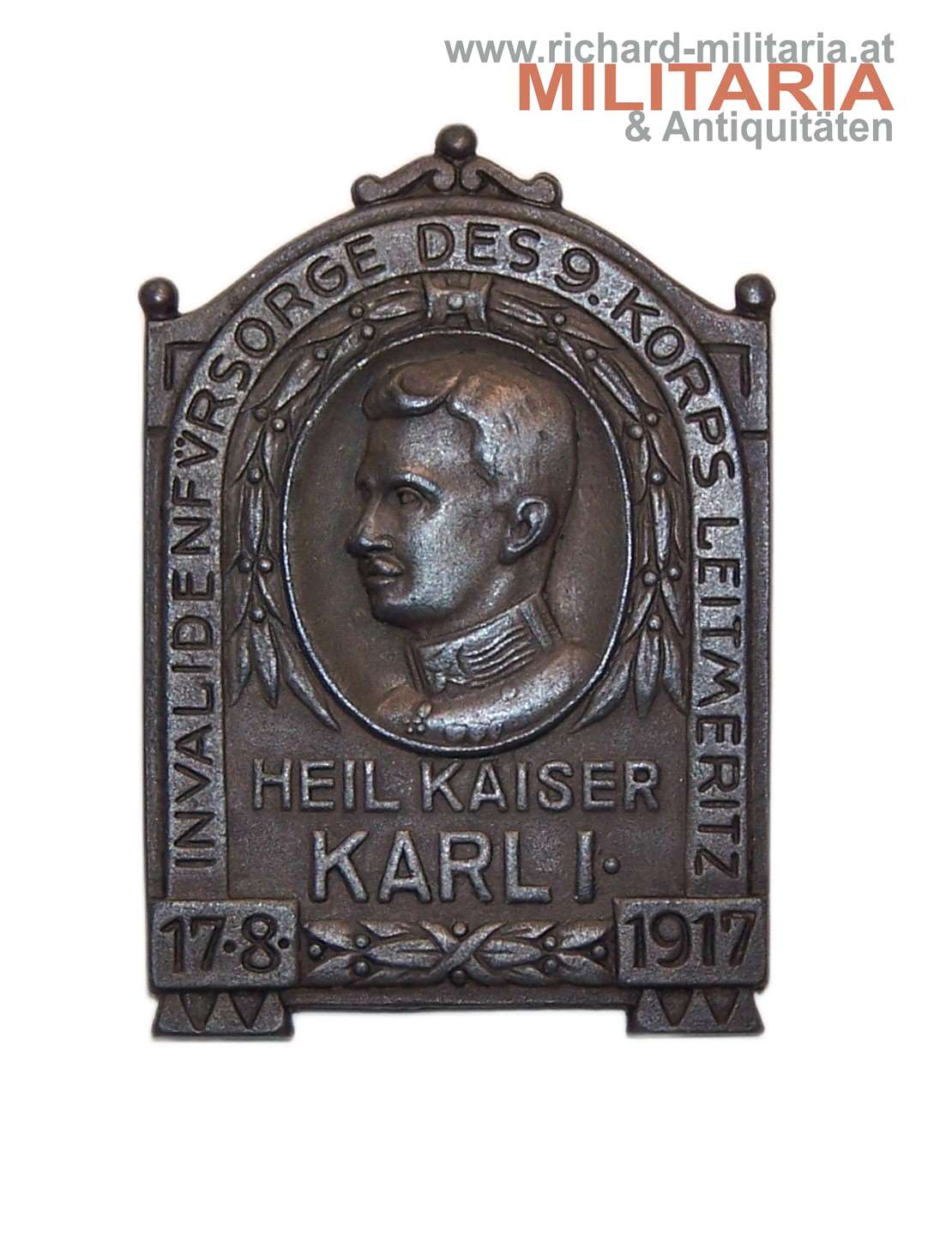 k.u.k. Kappenabzeichen Invalidenfürsorge des 9. Korps Leitmeritz / Heil Kaiser Karl I. / 17.8.1917
