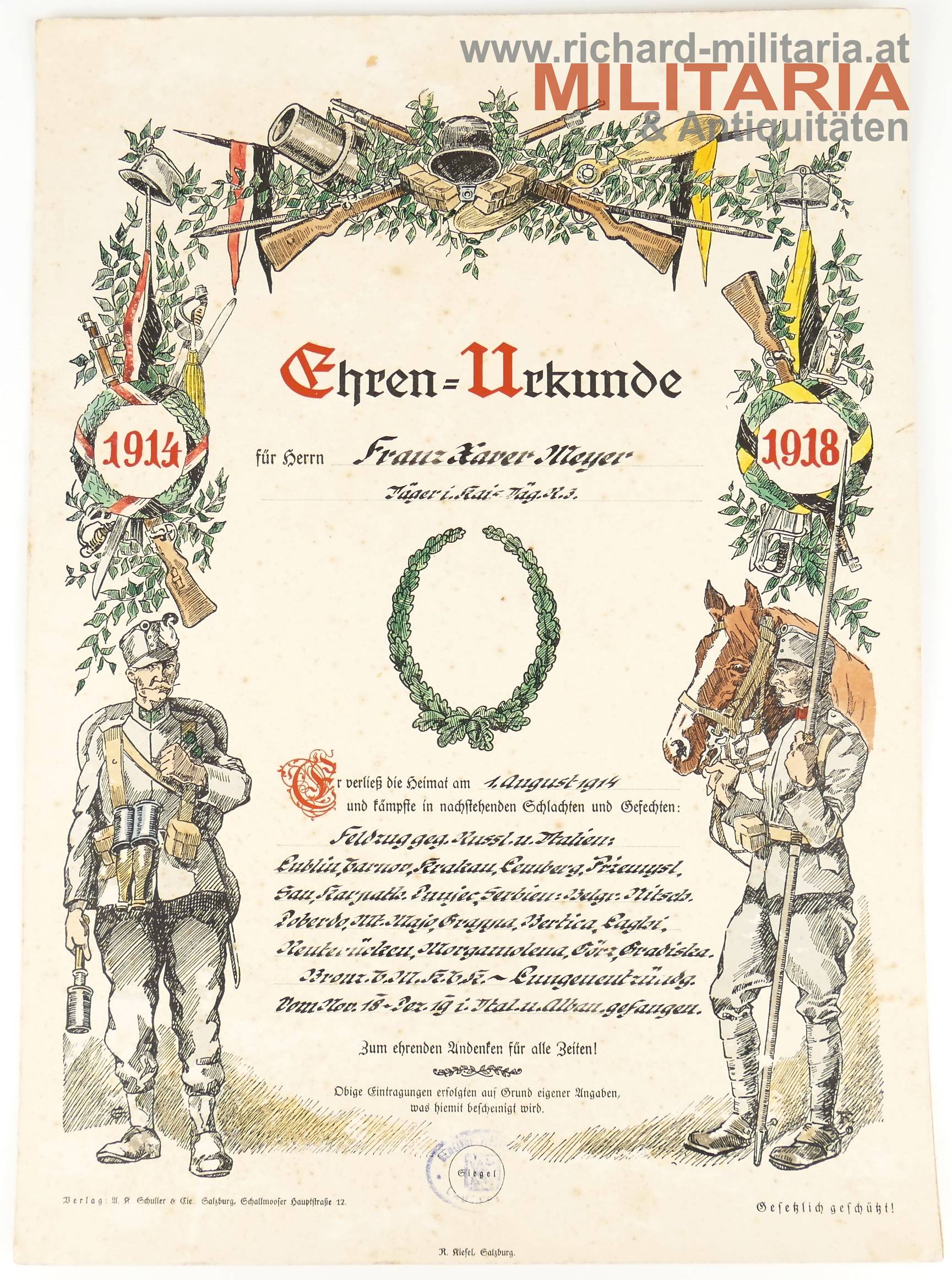Ehren-Urkunde - Jäger im Kaiser-Jäger Regiment No. 3 