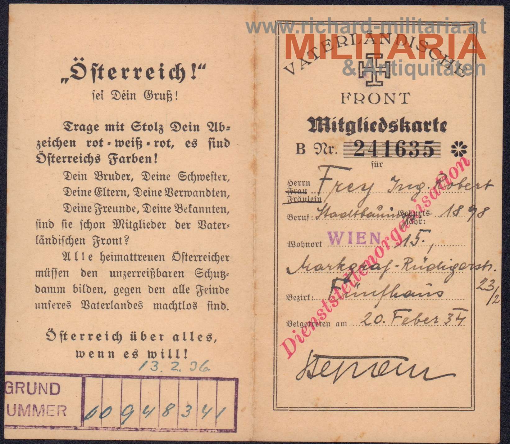 Vaterländische Front - Mitgliedskarte - Wien (Fünfhaus)- Herr Ing. Robert Frey