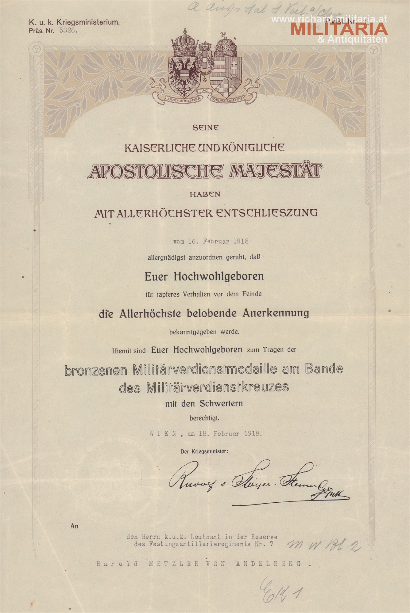 k.u.k. Verleihungsurkunde - Festungsartillerie-Regt. 7 -  Bronzene Militärverdienstmedaille am Bande des Militärverdienstkreuzes