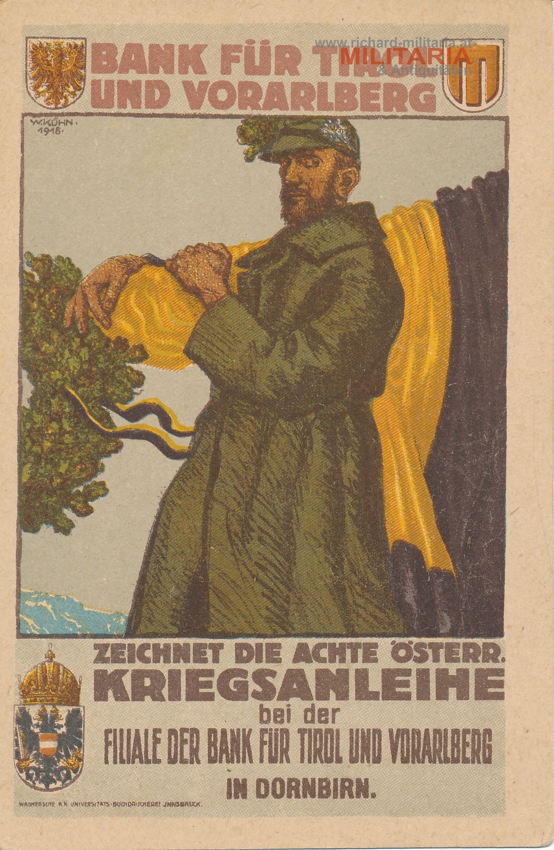 k.u.k. patriotische Postkarte - Bank für Tirol und Vorarlberg / Dornbirn / Standschützen