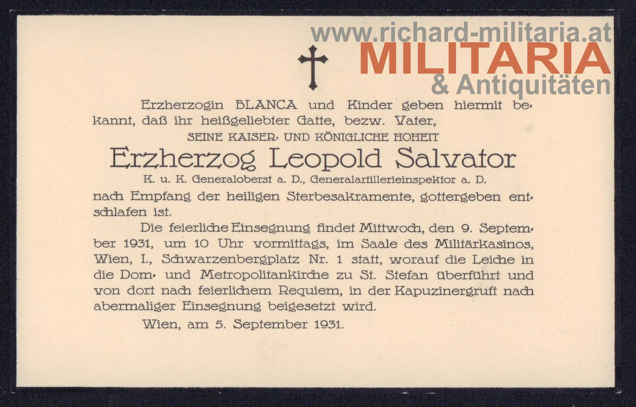 Erzherzog Leopold Salvator - Partekarte zu seinem Tod 1931