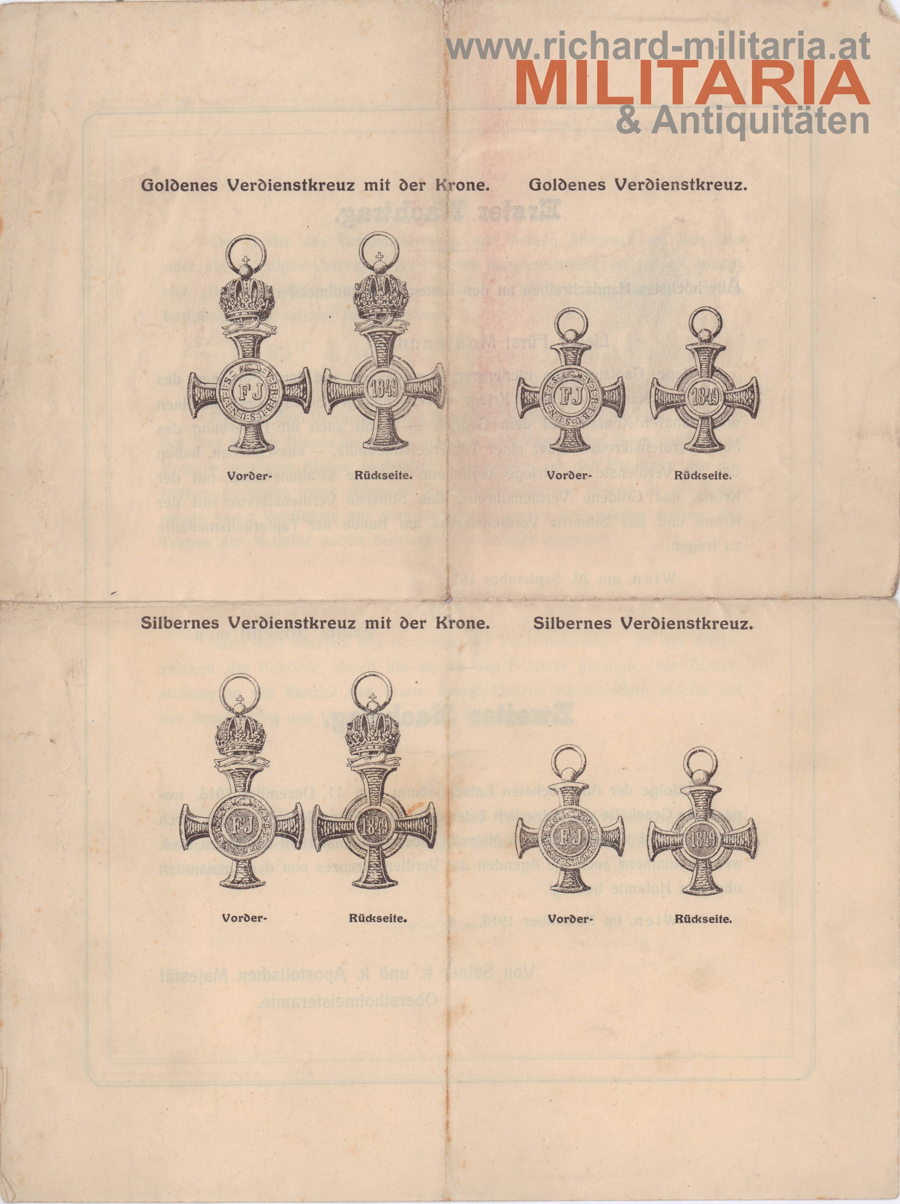 k.u.k. Verdienstkreuz - Statuten 1914 