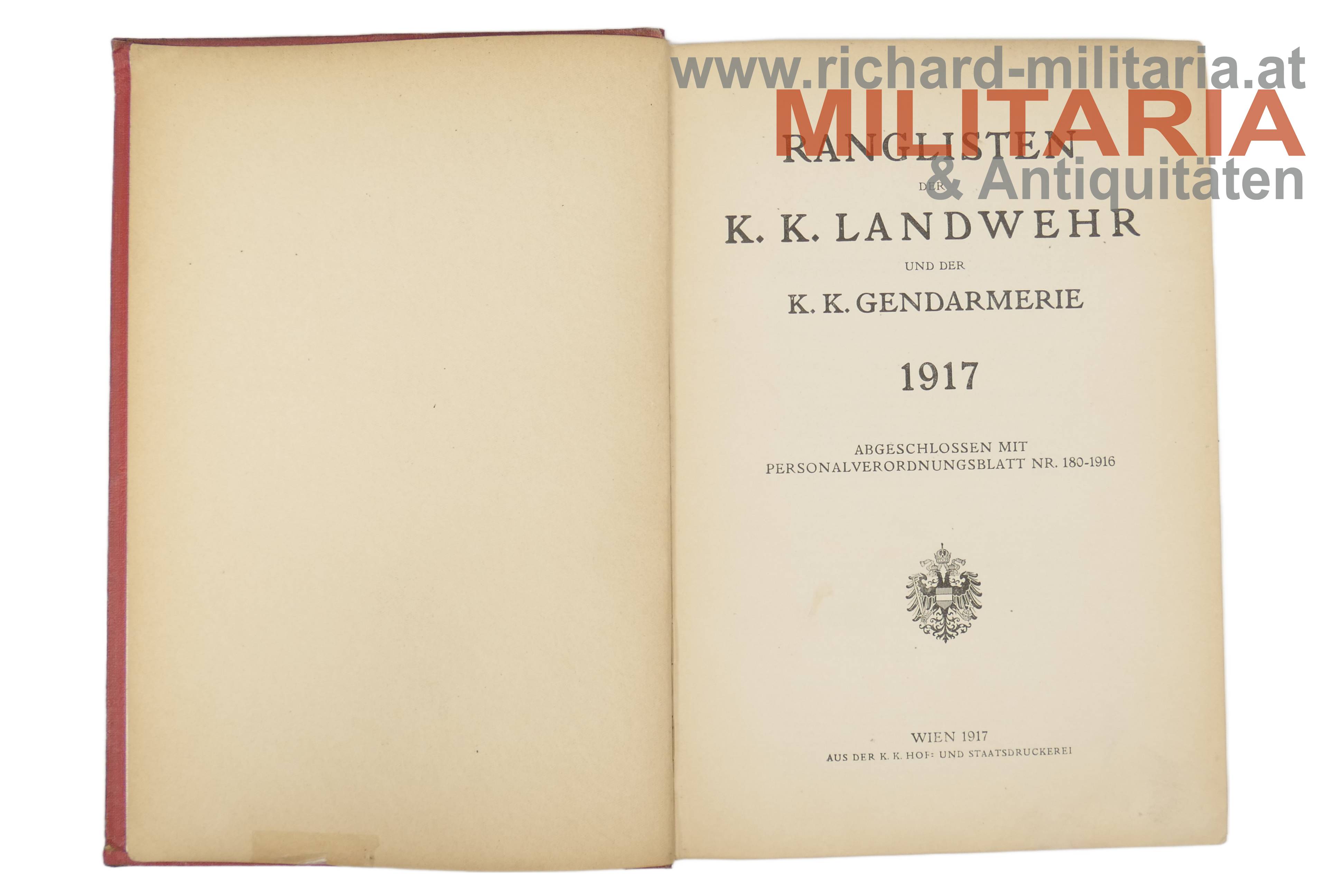 Ranglisten der k.k. Landwehr und der k.k. Gendarmerie 1917 - Prachtausführung