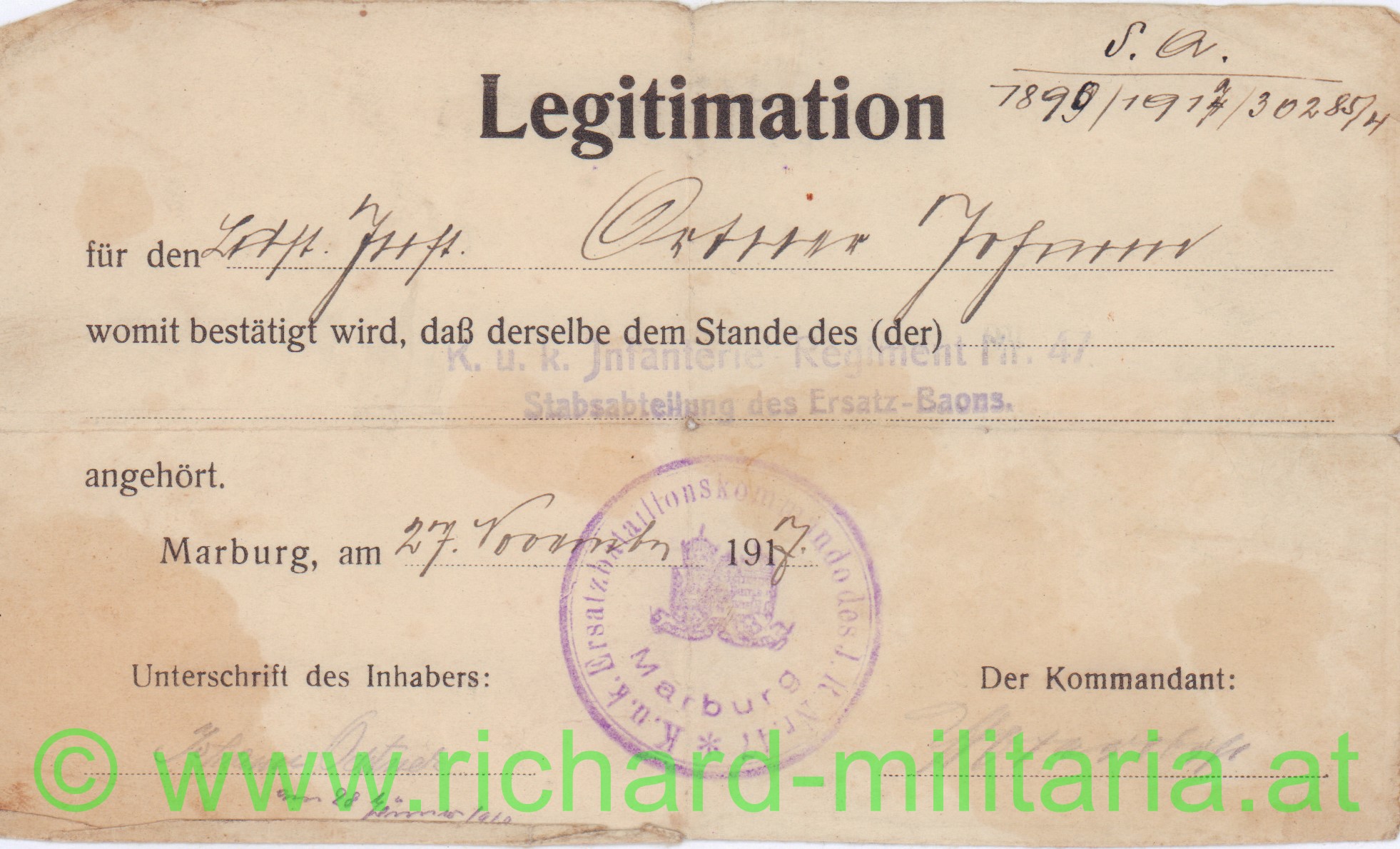 k.u.k. IR No. 47 - Legitimation - Marburg