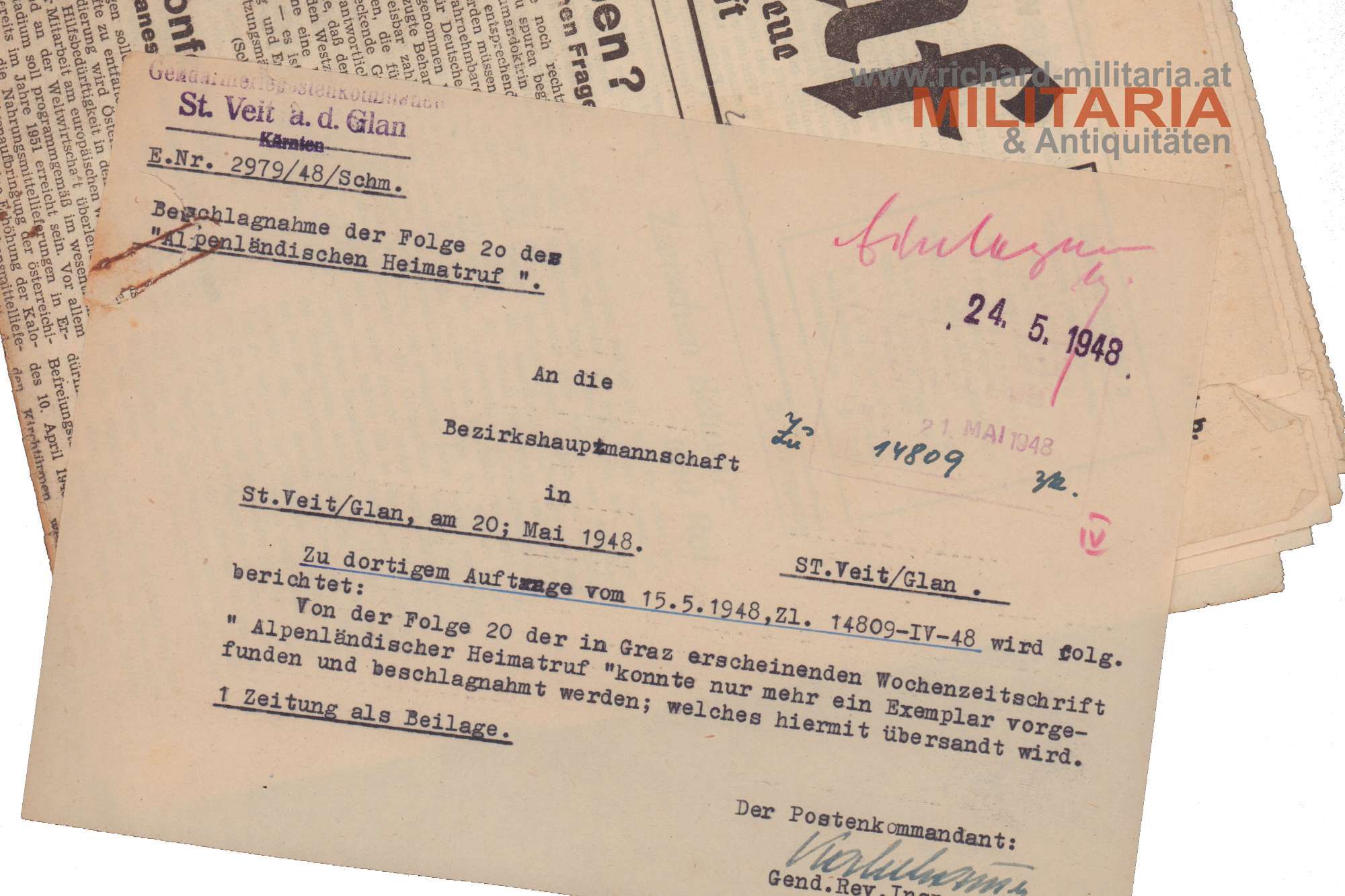 Gen.Po Kdo St. Veit - Alpenländischer Heimatruf - Beschlagnahme - Wochenblatt Nr. 20/Samstag, 15. Mai 1948