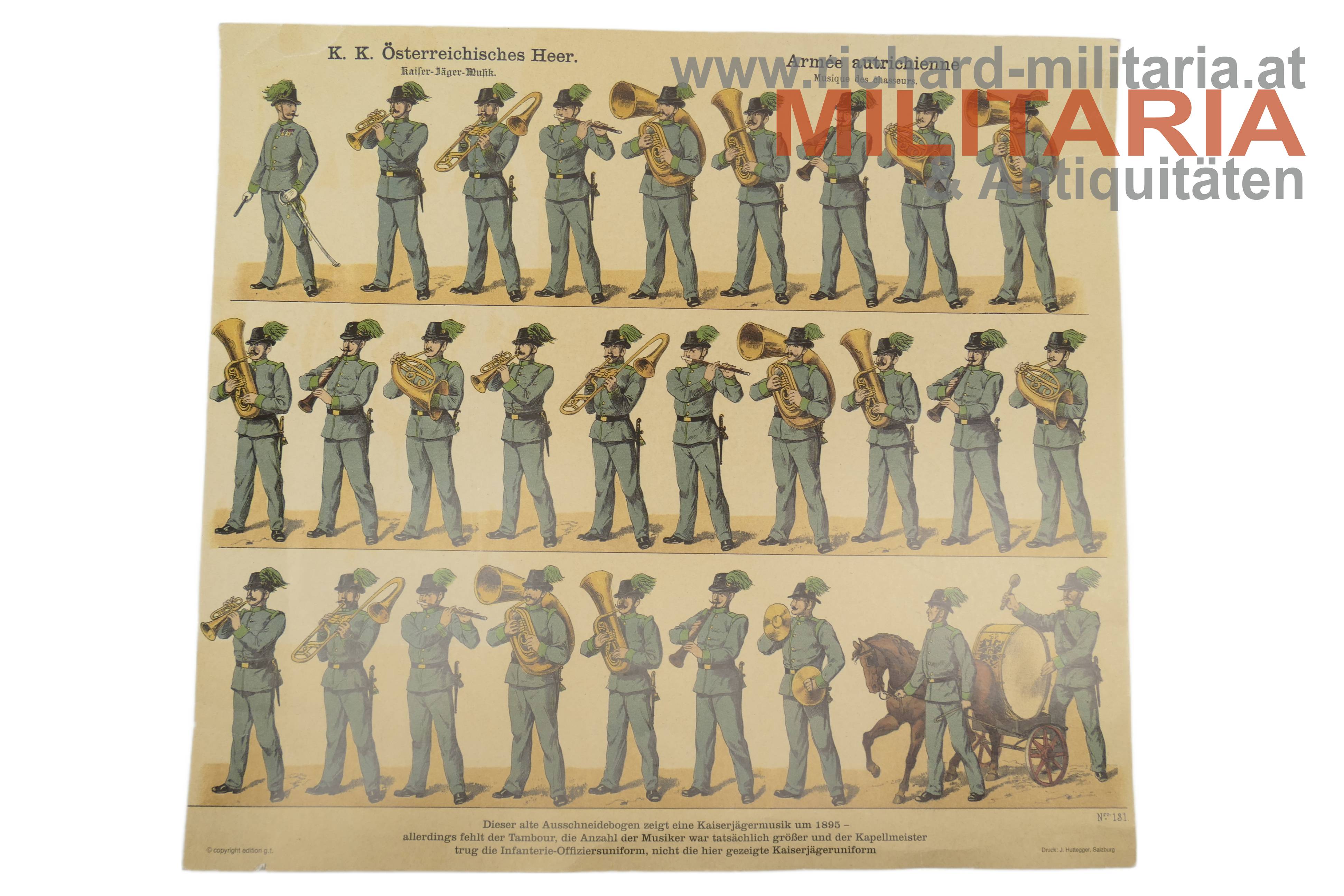 k.u.k. Adjustierungsübersicht der Kaiser Jäger Musik um 1895 - NEUZEITLICHER NACHDRUCK
