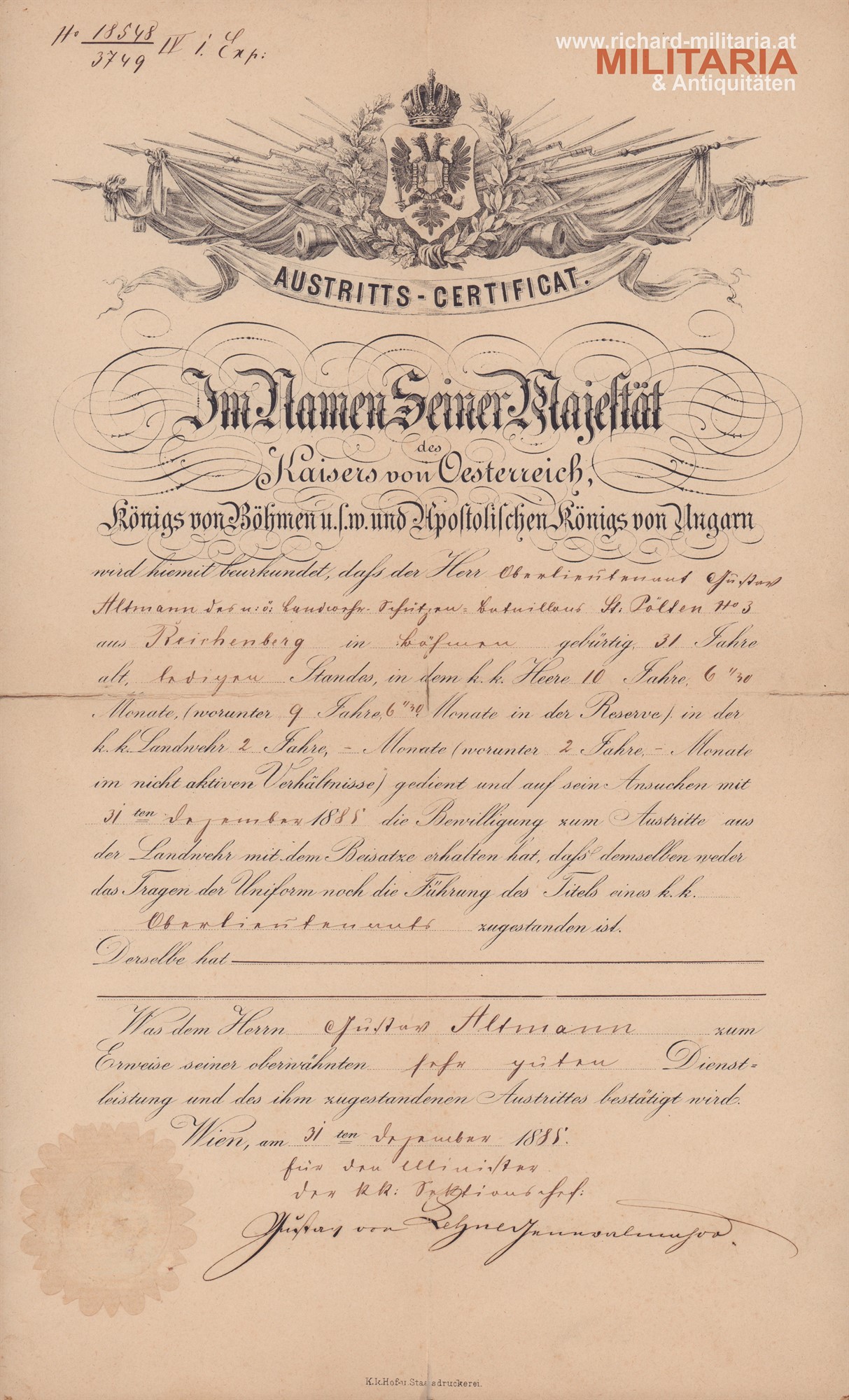 k.k. Austrittszertifikat Ldw.-Schützen-Baon St. Pölten Nr. 3 - Oberlt. Altmann - 1888