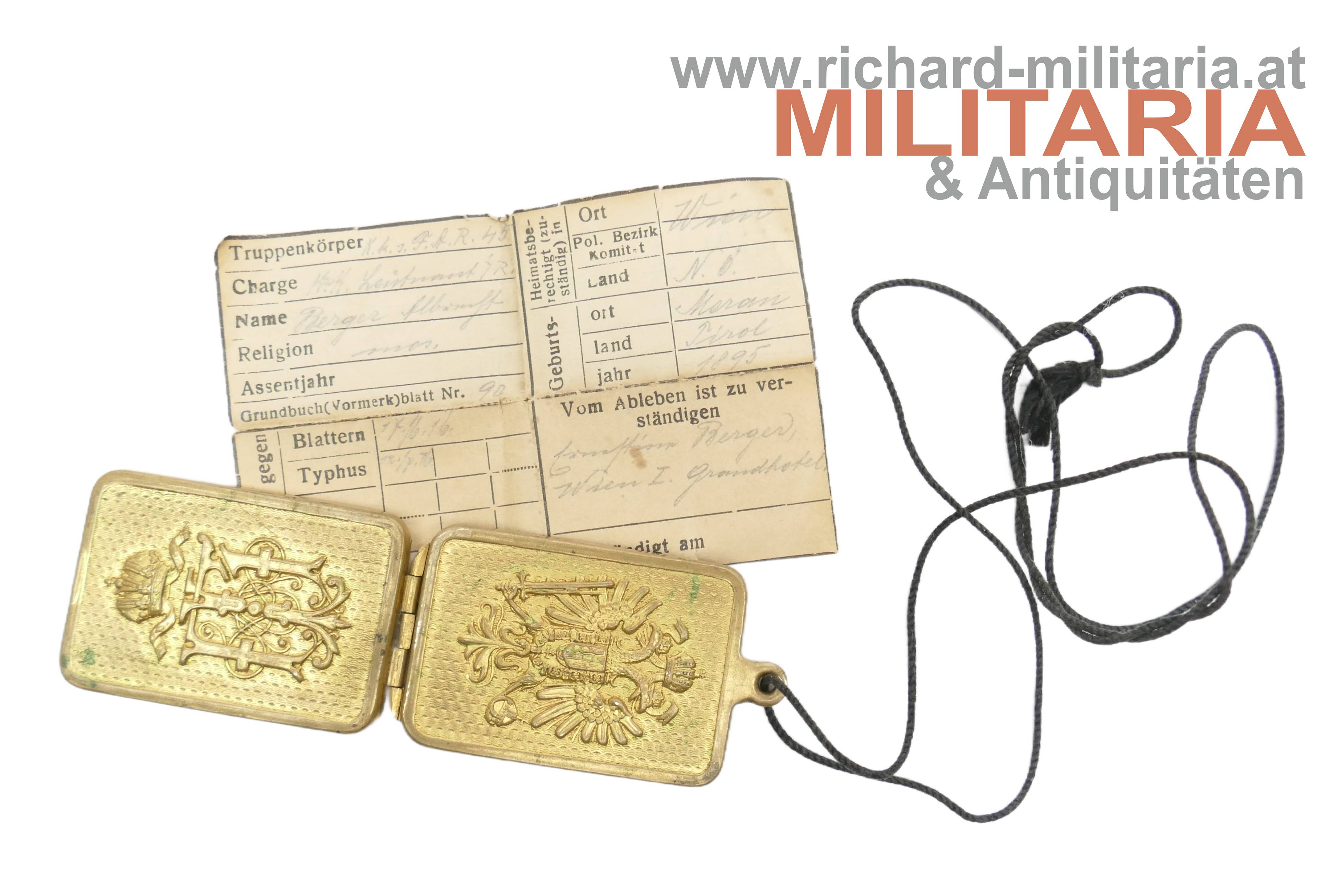 k.u.k. Erkennungsmarke für Offiziere - jüdischer (mosaischer) Offizier